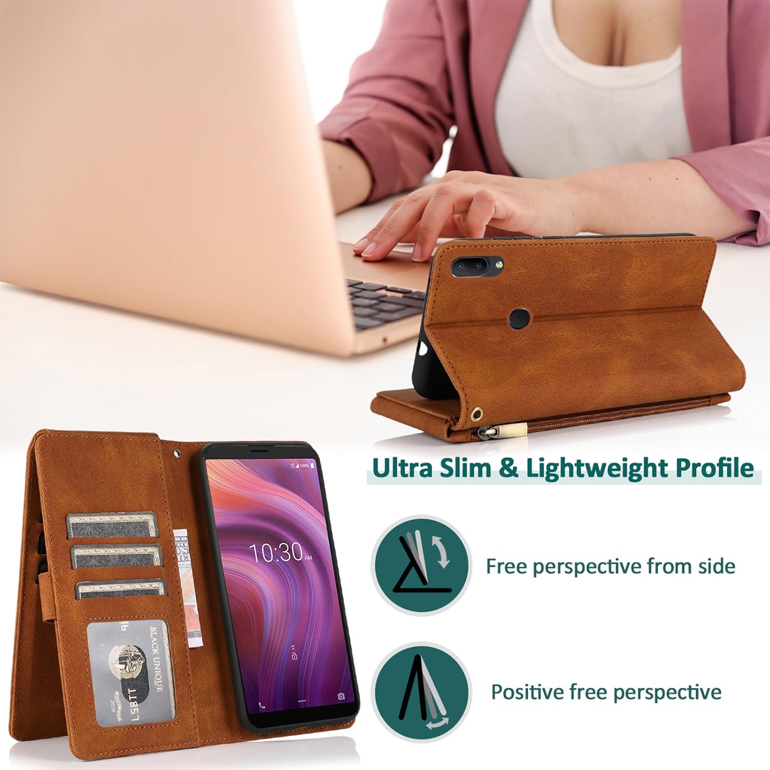 Compatible con Alcatel 3V 2019 – Funda tipo cartera de vidrio templado, protector de pantalla y cremallera de cuero retro, soporte para tarjetas,