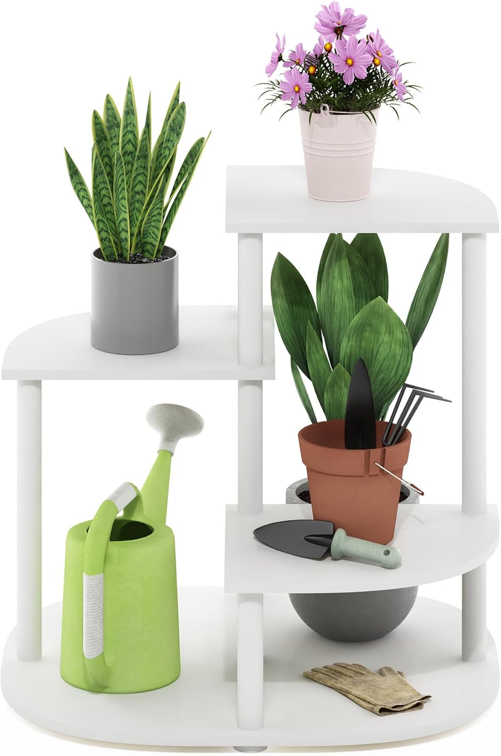 Furinno Celuka – Soporte de 3 niveles para plantas de interior y exterior, estante de esquina para múltiples plantas, blancoblanco virgen