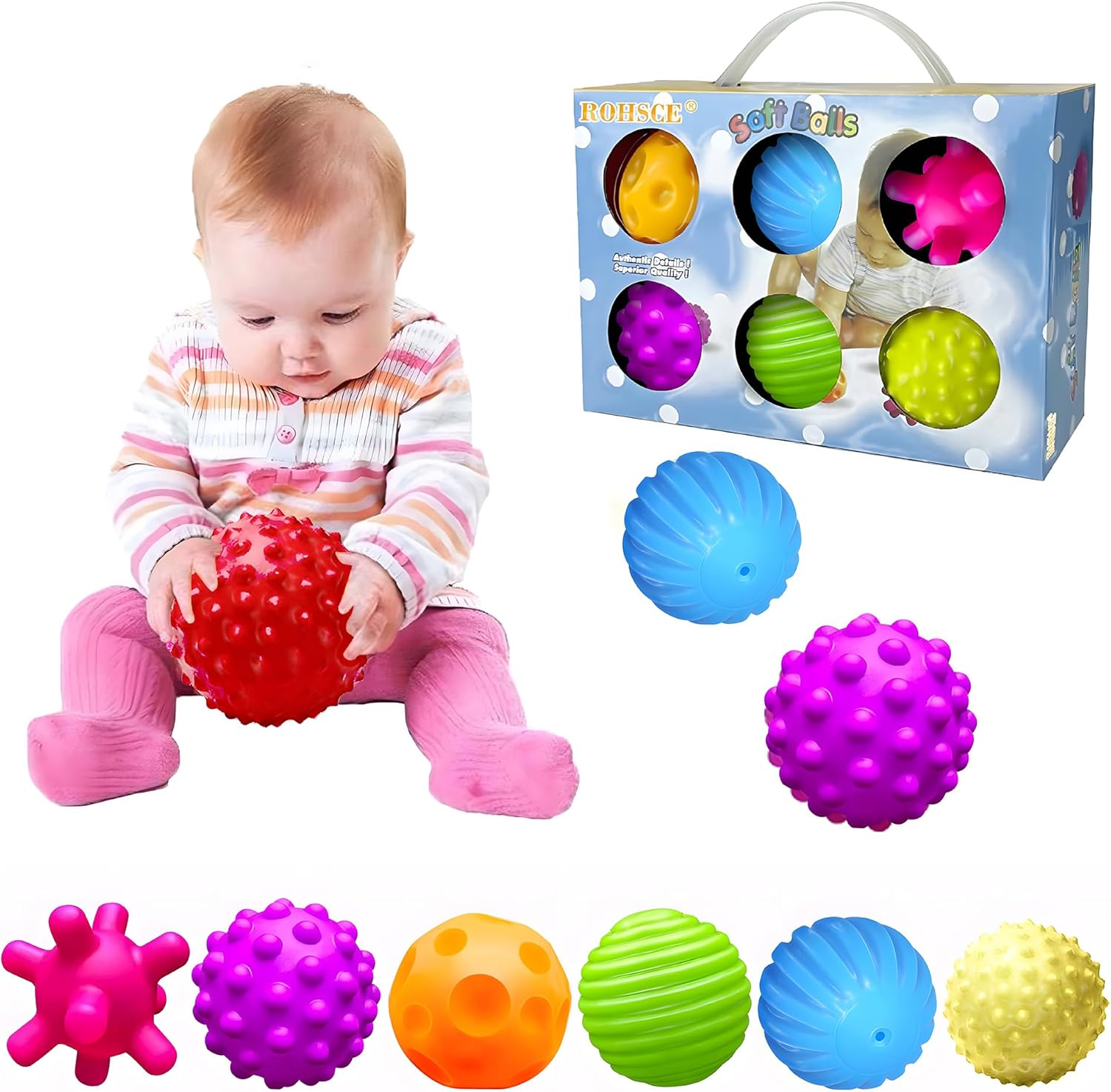 Vintage Juguete sensorial para bebé, juguete sensorial para bebés, con textura de bola para apretar y masaje, juego de bolas suaves, 6 piezas por