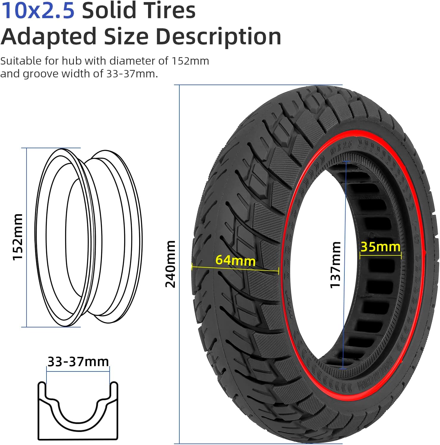 ulip Neumático sólido para scooter de 10 pulgadas, 10 x 2.5 pulgadas, ruedas de scooter eléctrico, neumático de repuesto delantero o trasero,