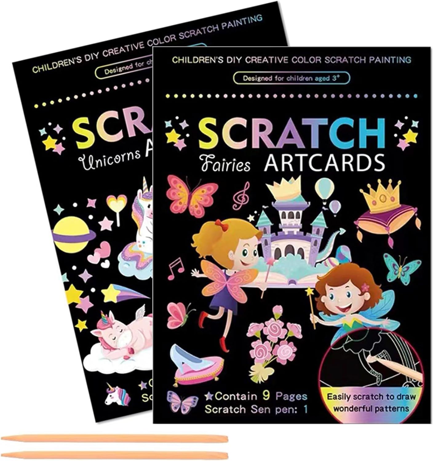 Juego de 2 libros de arte mágico para rascar para niños, unicornios y princesas, juego de 2 piezas de papel mágico arcoíris para manualidades de
