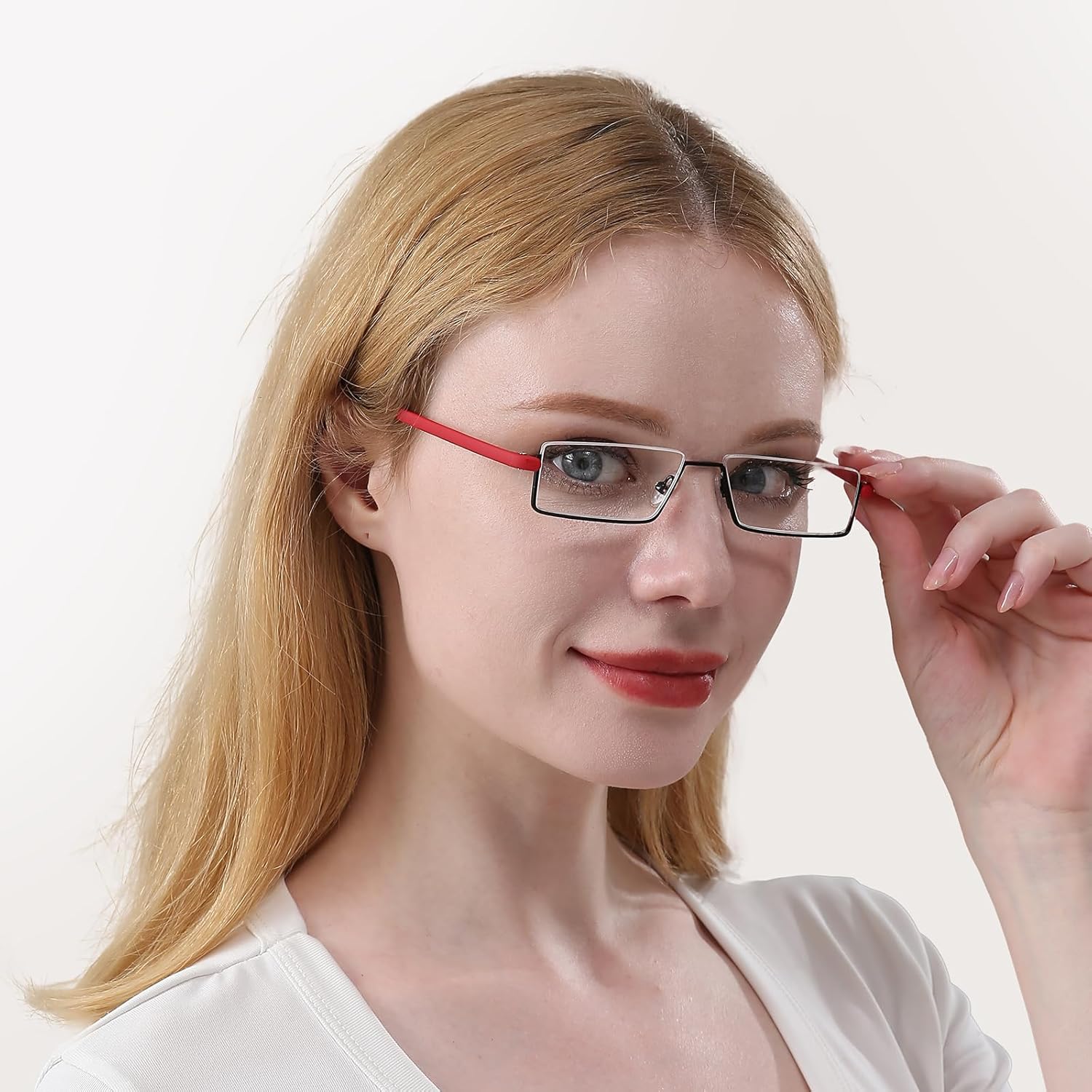 REAVEE Elegantes lentes de lectura de medio marco para mujeres y damas, lentes de media lente, rectángulos, portátiles, de metal, con estuches,