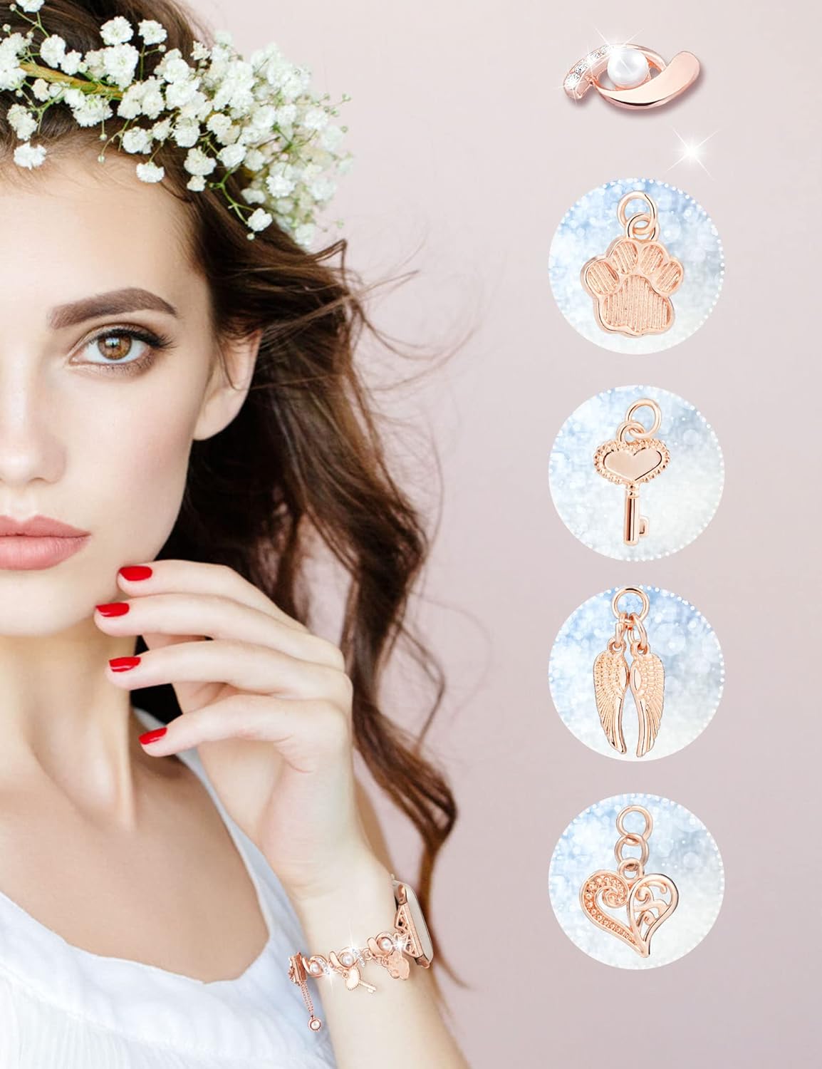 fohuas – Pulsera de cuentas compatible con Apple Watch Series Ultra SE 8 7 6 5 4 3 2 1, fohuas linda perla blanca con cuentas con dijes para iPhone