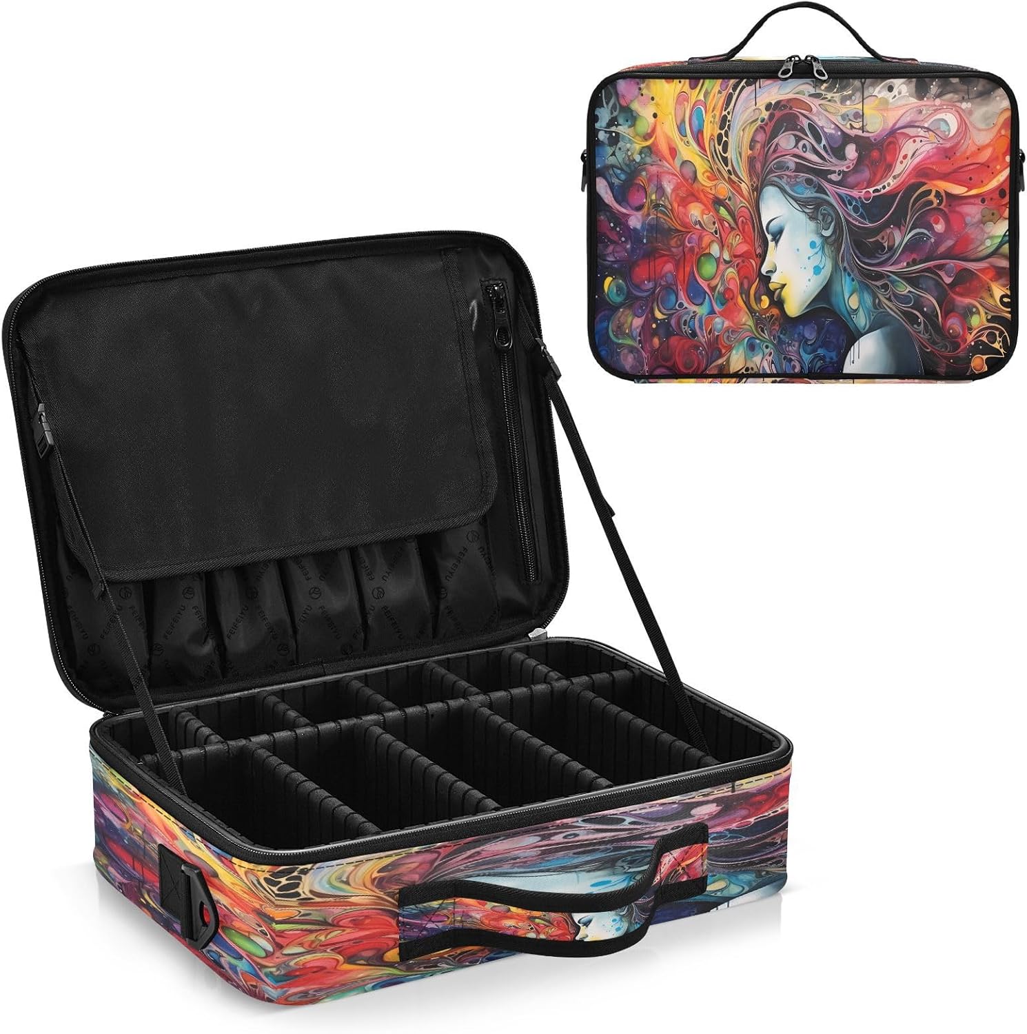 Bolsa de maquillaje de arte colorido para mujer, bolsa de maquillaje de viaje para cosméticos, bolsa de aseo con compartimentos grandes, bolsas de