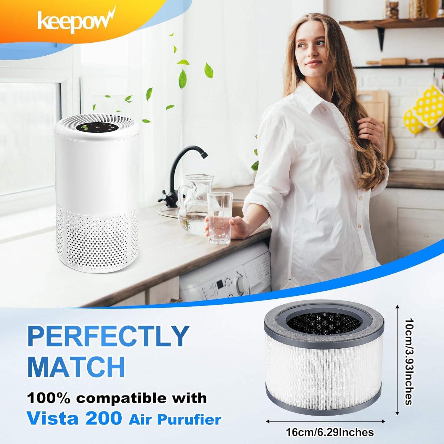 Keepow Vista 200 filtros de repuesto para purificador de aire, paquete de 2 unidades, compatibles con LEVOIT Vista 200, accesorios de repuesto de