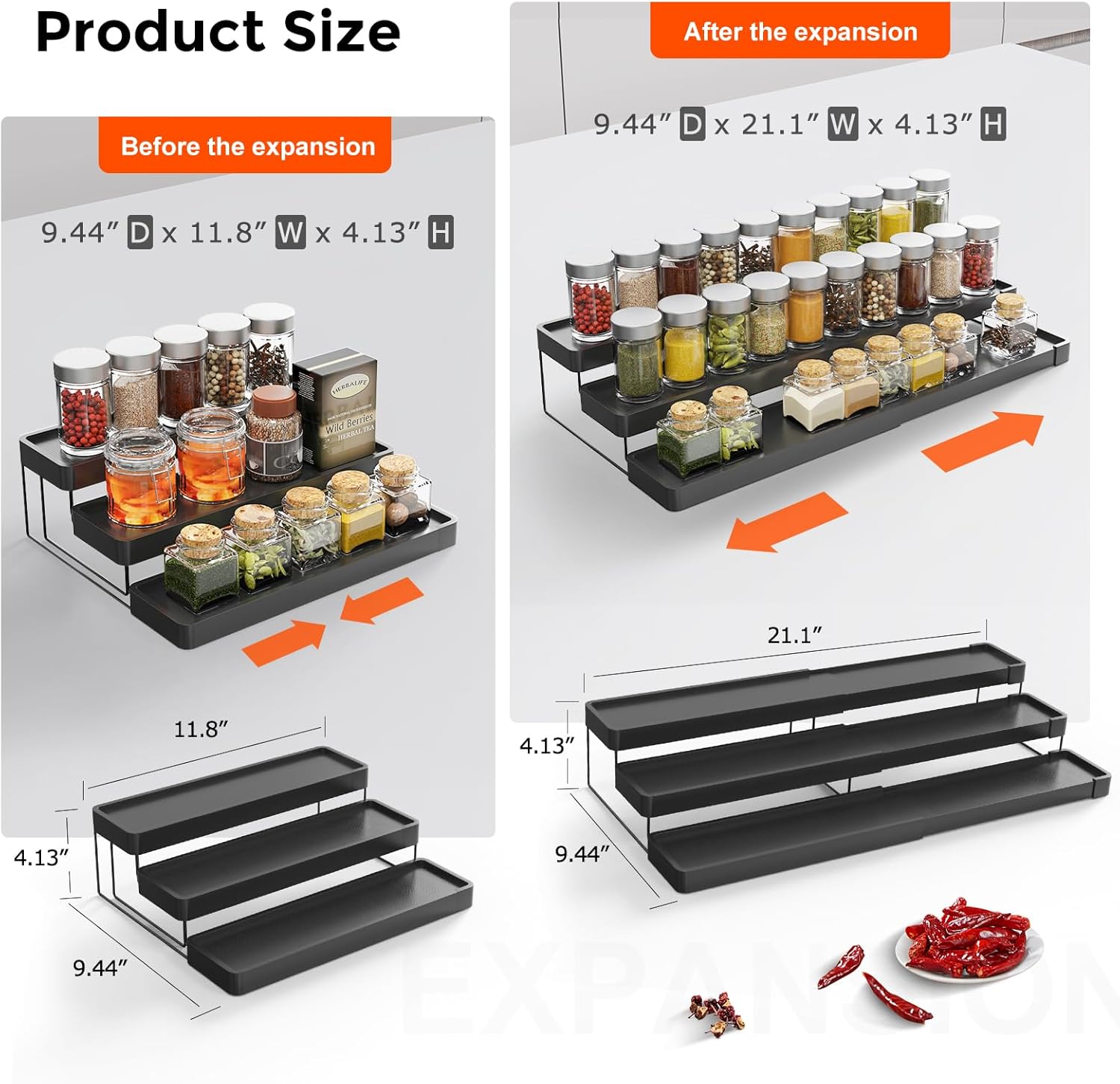 Organizador de especias expandible para gabinete, organizador de especias ajustable de 3 niveles, fácil visibilidad, organizador de especias para