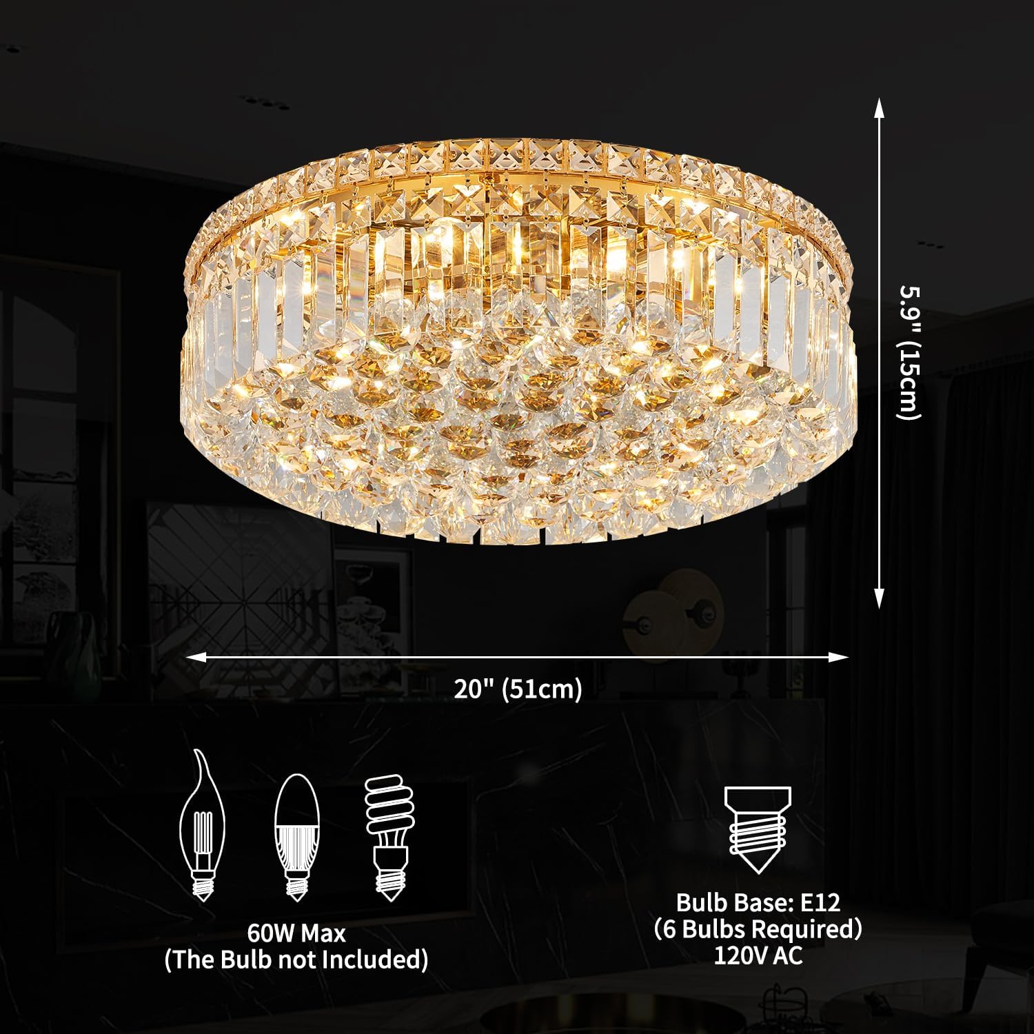 CEENLI Lámpara de araña de cristal dorado con 6 luces de montaje empotrado, lámpara de techo moderna de cristal K9, elegante lámpara colgante para