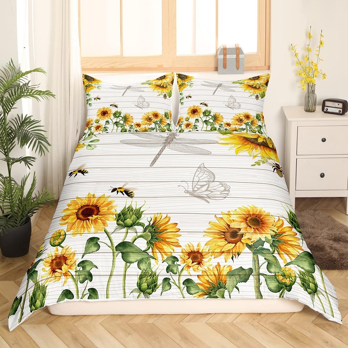 Juego de funda de edredón de girasol, flores amarillas y abejas, diseño de libélula y mariposa, para niños y niñas, ramas botánicas, temática de