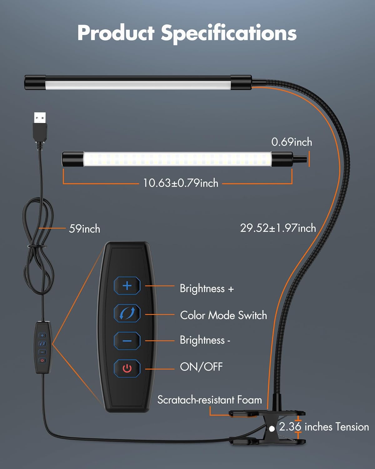 JHD Lámpara de escritorio LED con abrazadera, 10 niveles de brillo, cuello de cisne flexible de 12 pulgadas, lámpara USB de protección ocular,