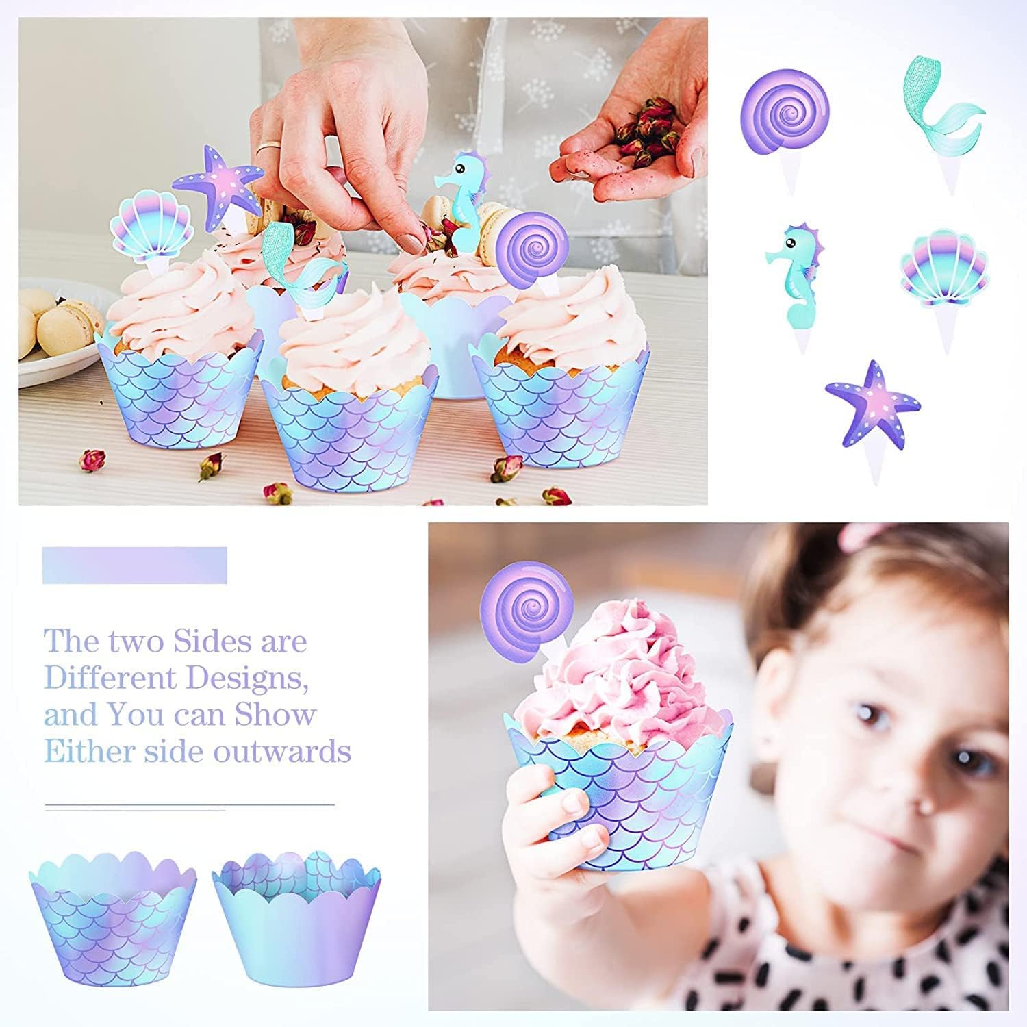 40 adornos y envoltorios para cupcakes de doble cara de sirena, decoración temática de sirenita para baby shower, bajo el mar, fiesta de cumpleaños