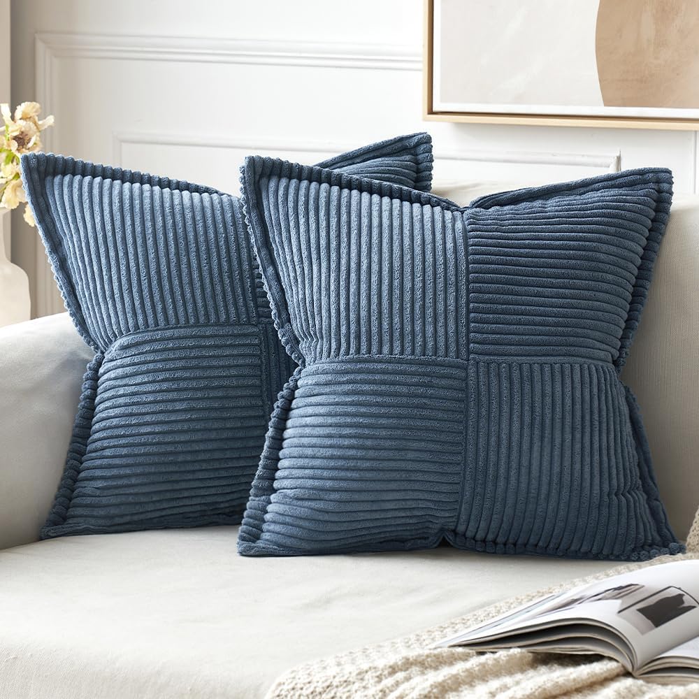MIULEE Juego de 2 fundas de almohada de pana azul de 18 x 18 pulgadas con empalme, fundas de almohada súper suaves de rayas bohemias decorativas con