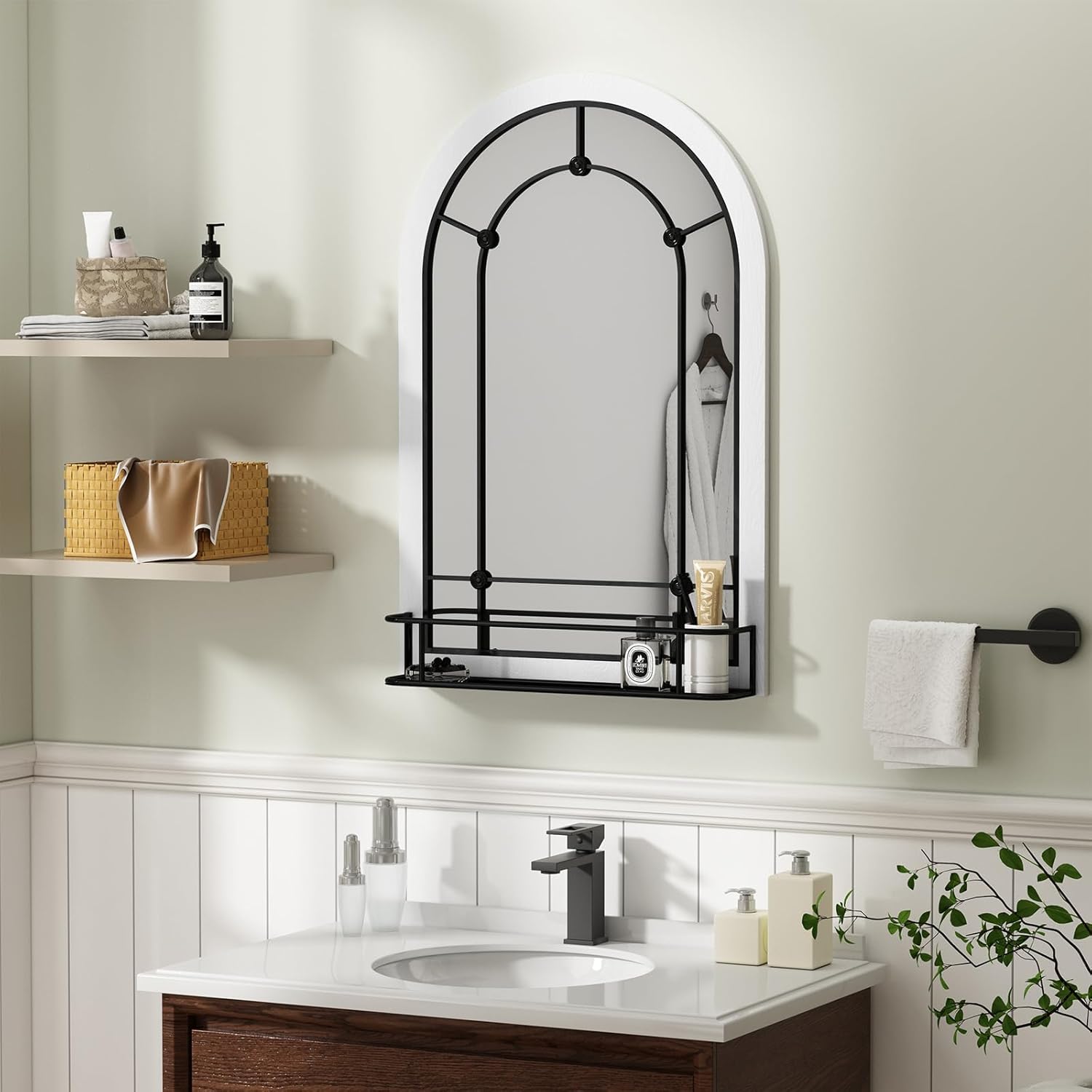 AZODY Espejo de pared de ventana arqueada con estante, espejo de entrada colgante blanco de 36 x 24 pulgadas, espejos decorativos para decoración de