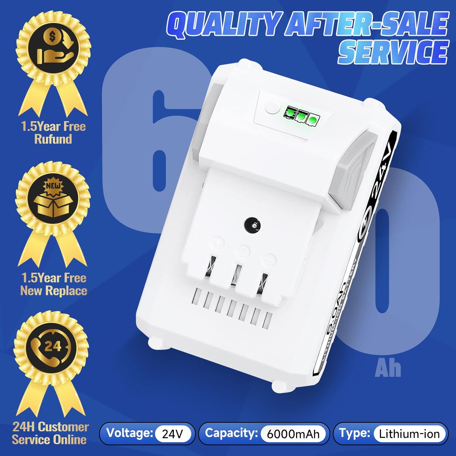 3 generación + puerto de CC Batería de repuesto de 24 V 6.0 Ah para Snow Joe, Sun Joe, Power Joe, Aqua Joe 24V iON+ Tools 24BAT-LTW 24VBAT-LTE