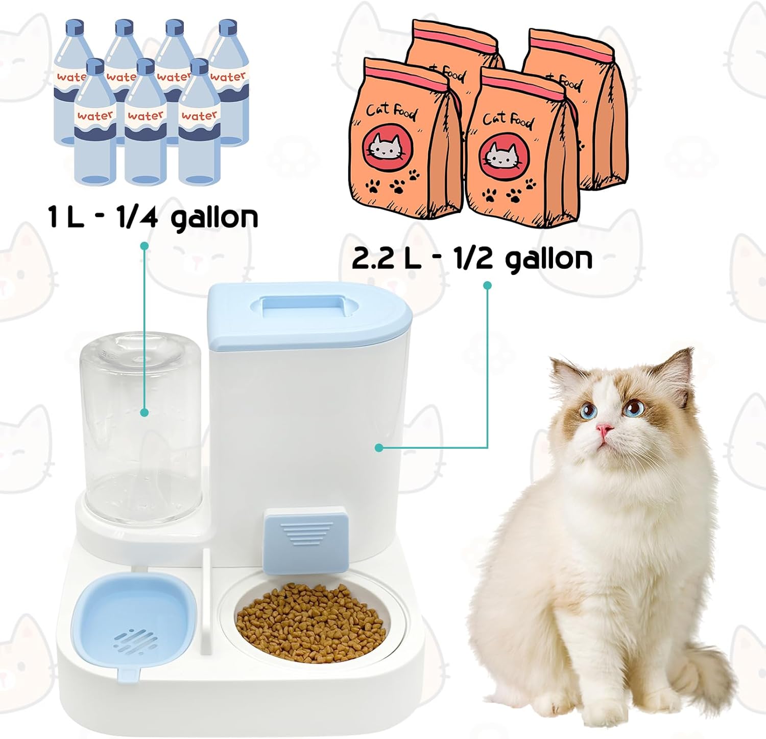 Fhiny Alimentador de gravedad para gatos y dispensador de agua, 2 en 1, bebedero automático para mascotas, juego de cuencos de cerámica