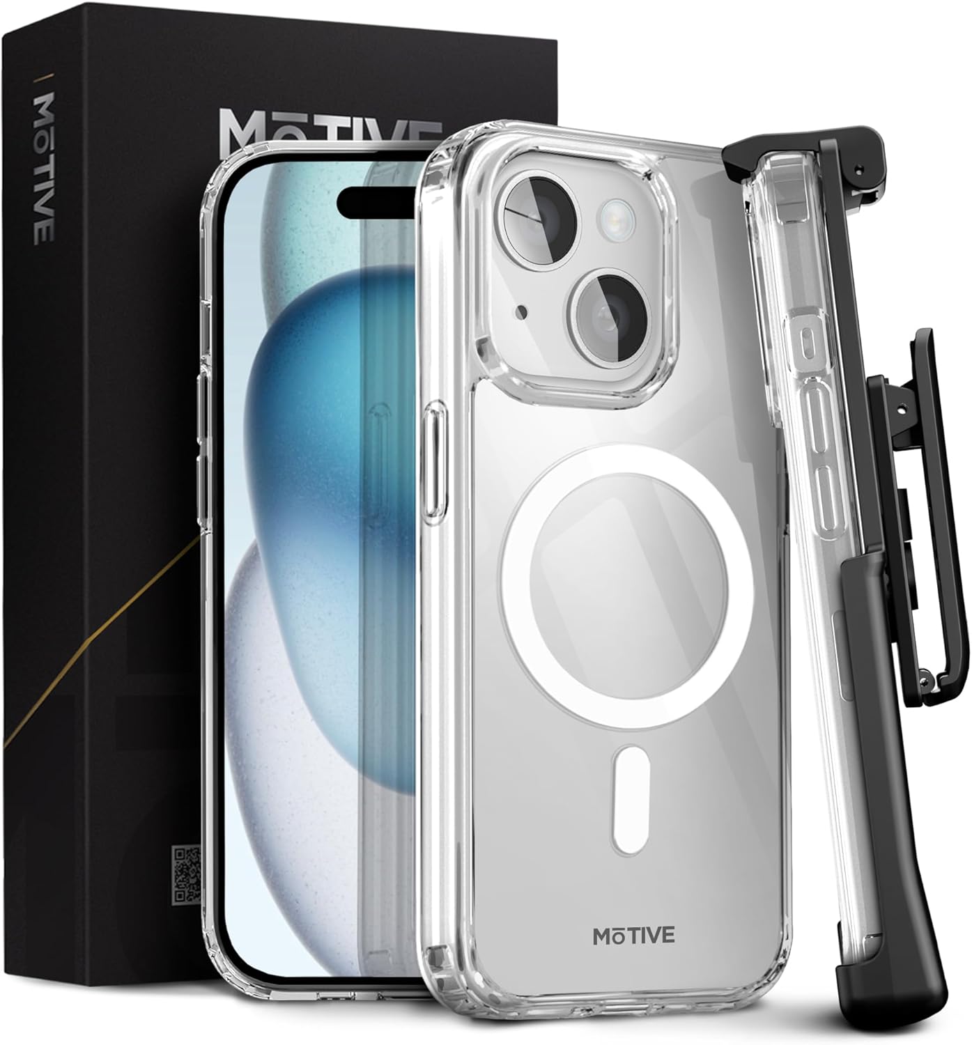 MOTIVE Funda magnética transparente para iPhone 15 con clip para cinturón, (diseñada para Magsafe), protección militar contra caídas, funda delgada