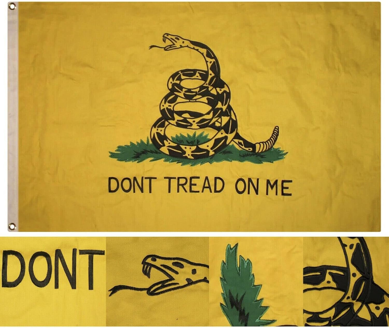 Premium Embroidered Sewn Gadsden Tea Party 4×6 Synthetic 2ply Cotton Flag and Clips