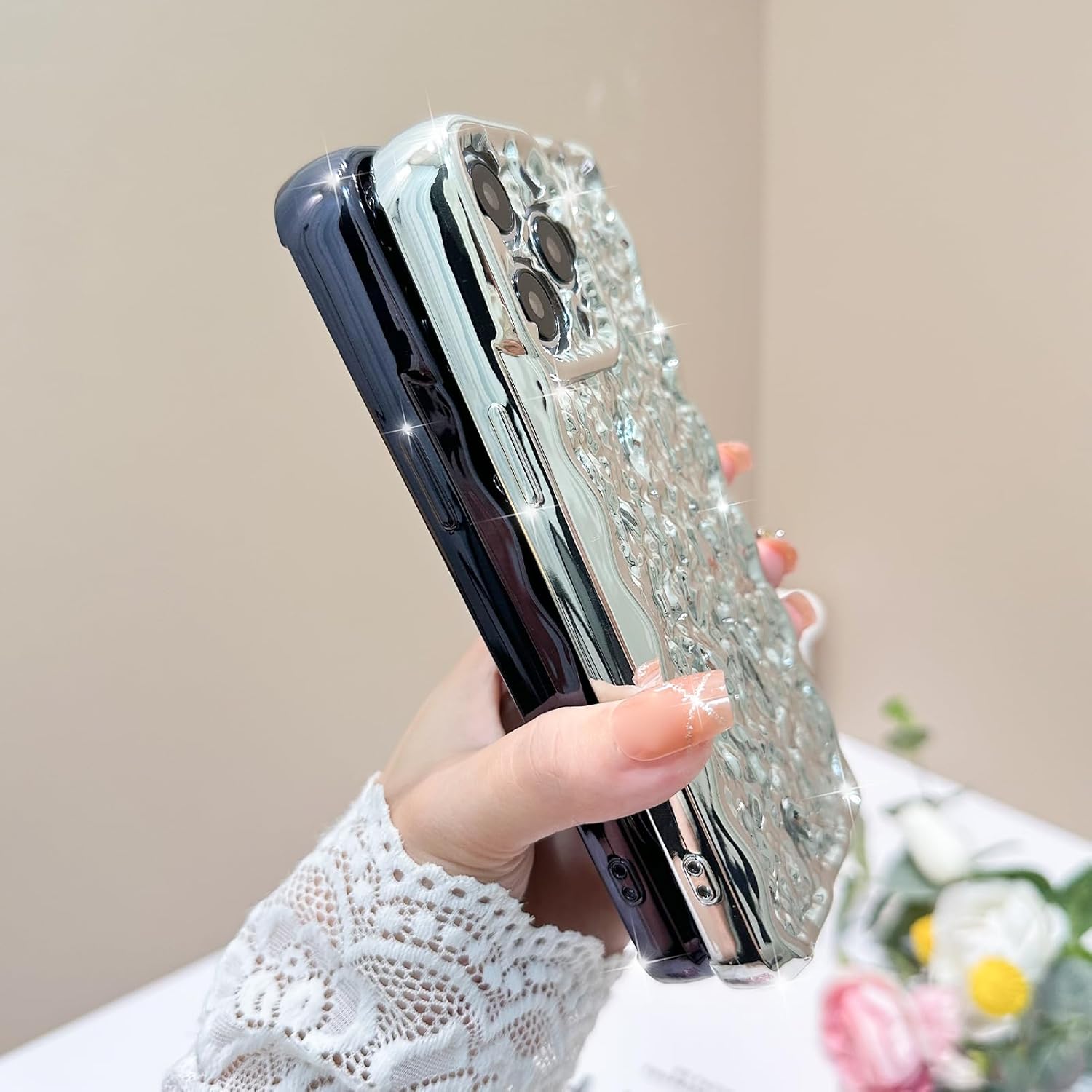 MZELQ Funda para iPhone 14 Pro Max, diseño de lujo, diseño de lámina, plisada, elegante, ondulada, para niñas y mujeres, galvanoplastia de