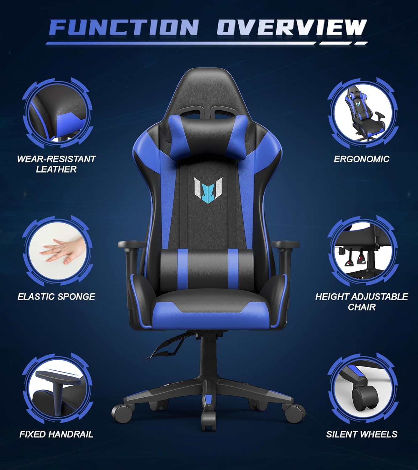 Bigzzia Silla de oficina ergonómica para videojuegos, silla de escritorio giratoria de altura ajustable, silla de computadora reclinable con soporte
