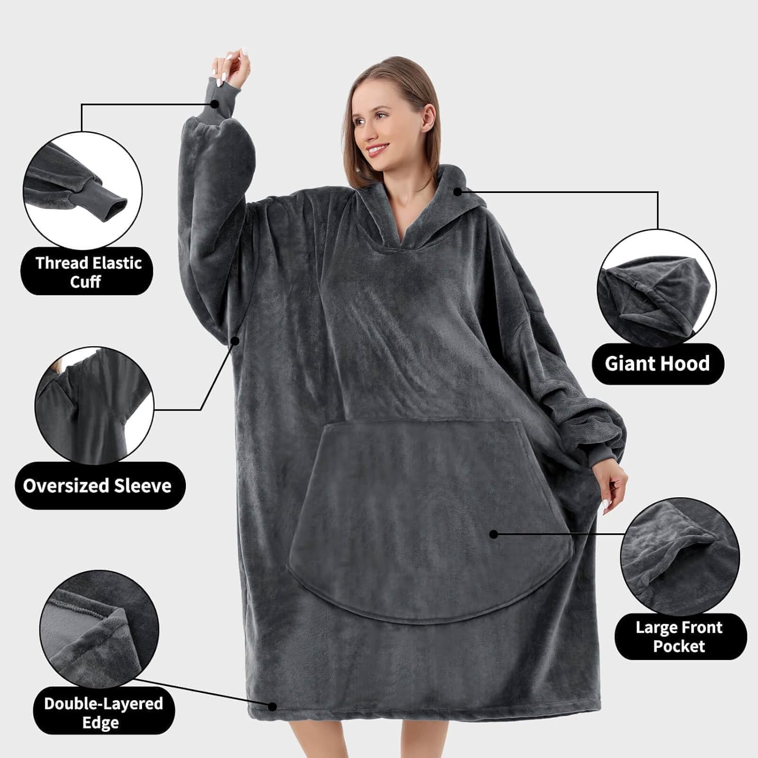 FestiCorp Manta de gran tamaño con capucha para adultos, sudadera extra larga con manga gigante, capucha y bolsillo