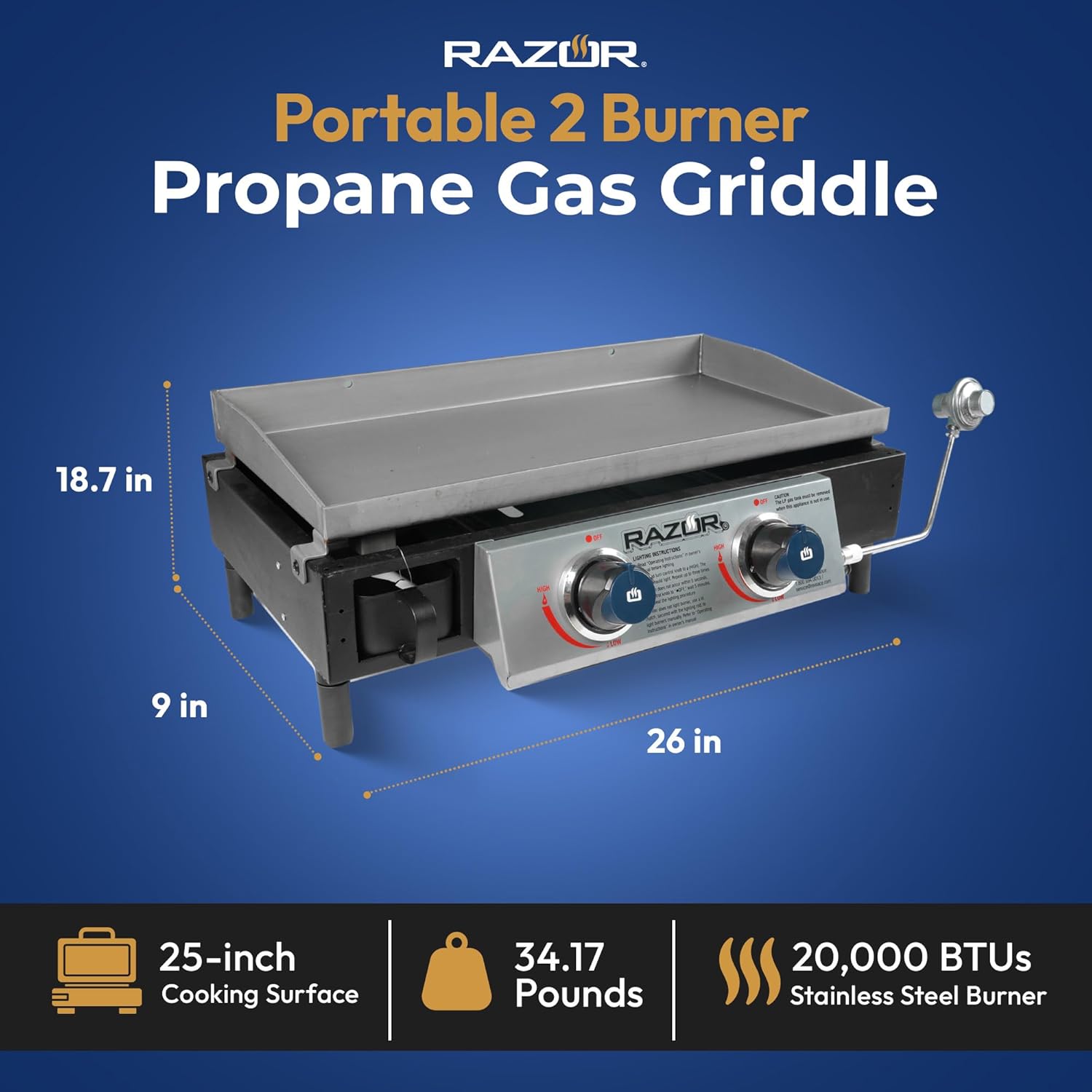 Razor Griddle GGT2130M – Parrilla portátil de gas propano LP de 25 pulgadas para exteriores, 2 quemadores, con 318 pulgadas cuadradas, para cocinar