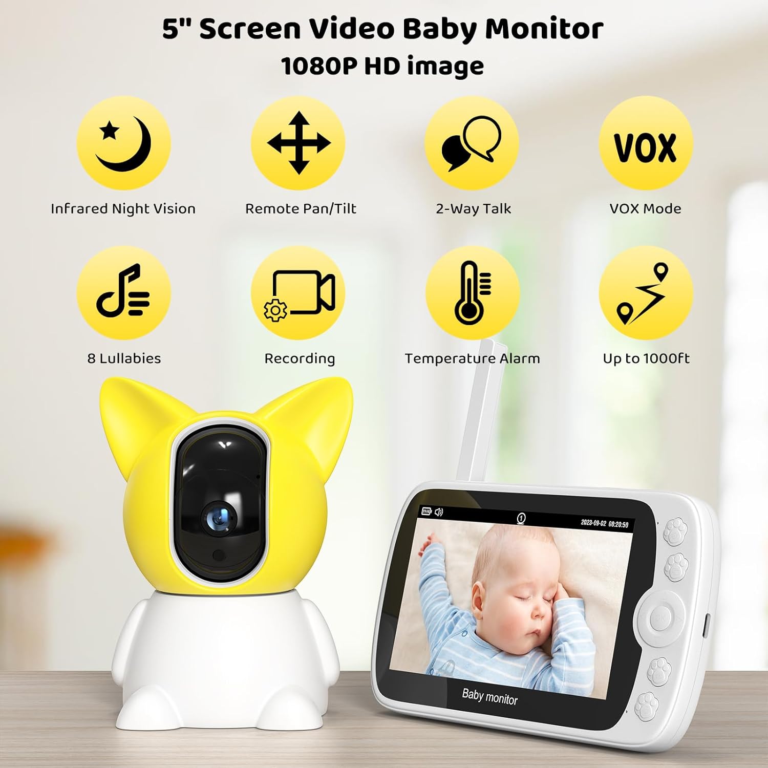 VAVSEA Monitor de bebé, pantalla LCD de 5 pulgadas, monitor de video de bebé 1080P con cámara y audio, alcance de 1000 pies, VOX, visión nocturna,