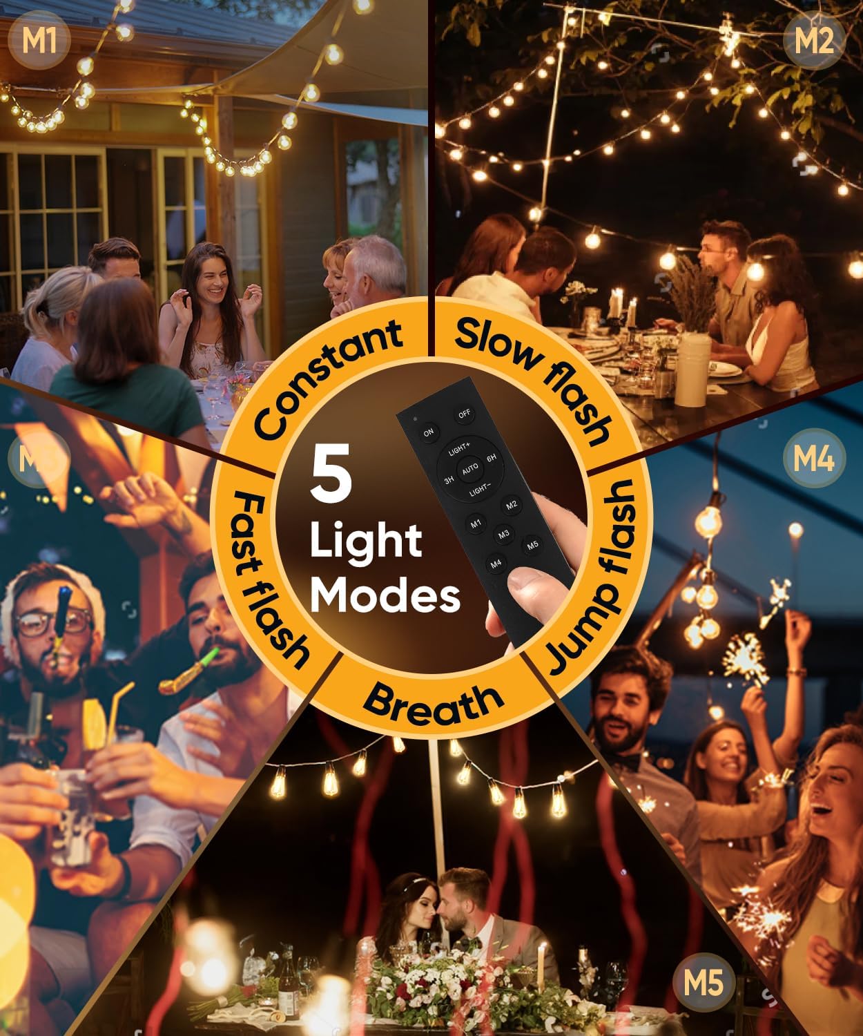 CINOTON Tira de luces LED para exteriores de 120 pies con control remoto, 60+2 bombillas Edison inastillables, bajo voltaje de 24 V, luces