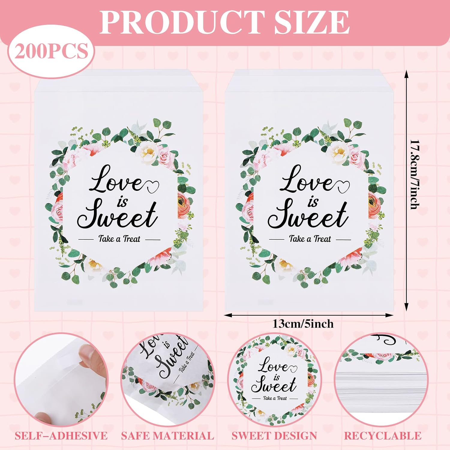 200 bolsas de bufé de dulces para regalos de boda, bolsas autoadhesivas para dulces de boda, bolsas de golosinas con patrón de hojas de eucalipto,