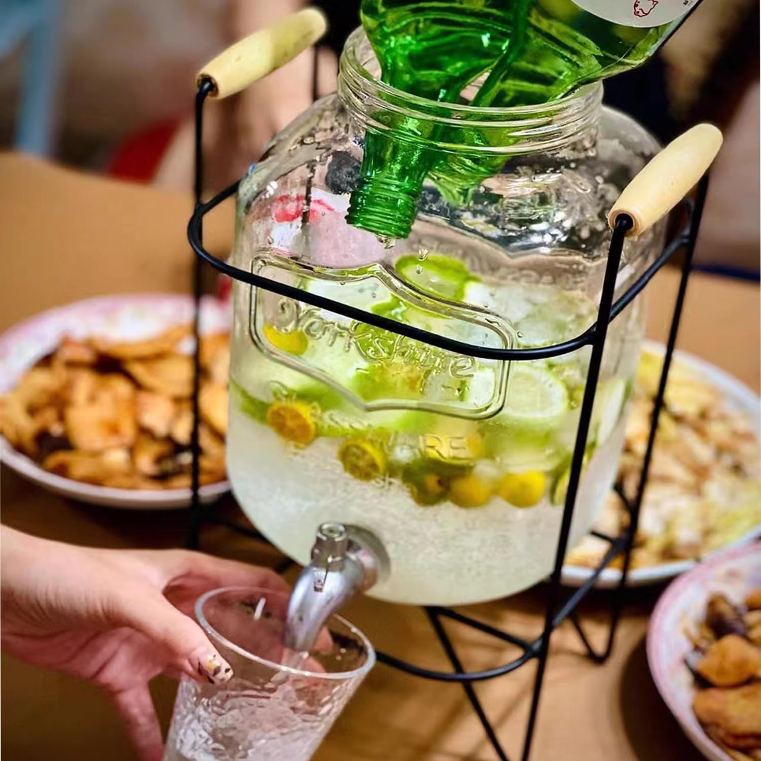 Dispensadores de bebidas de vidrio de 2 galones para fiestas, dispensador de vidrio con soporte y espita de acero inoxidable limonada cilindro de