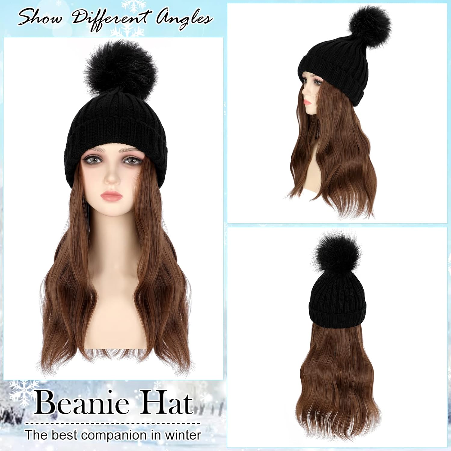 Gorro con peluca, gorro con cabello, extensiones de cabello largo y ondulado, gorro de punto acanalado, con pompón adjunto, 14 pulgadas, rizado,
