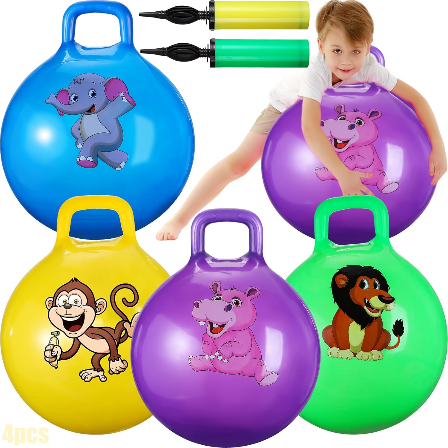 4 pelotas inflables de 18 pulgadas para niños de 3 a 6 años, pelota de tolva con mango y bomba, pelota de rebote de hippity hop con animales de