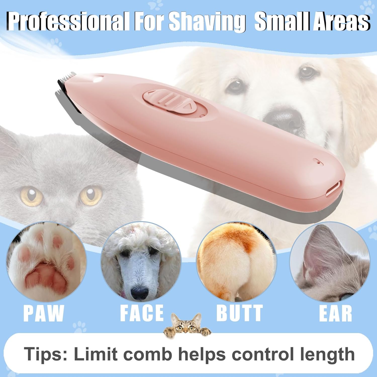 KIKETECH Recortadora de patas de perro con LED  Cortapelos de perro recargable inalámbrico de 2 velocidades, afeitadora de bajo ruido con hoja de