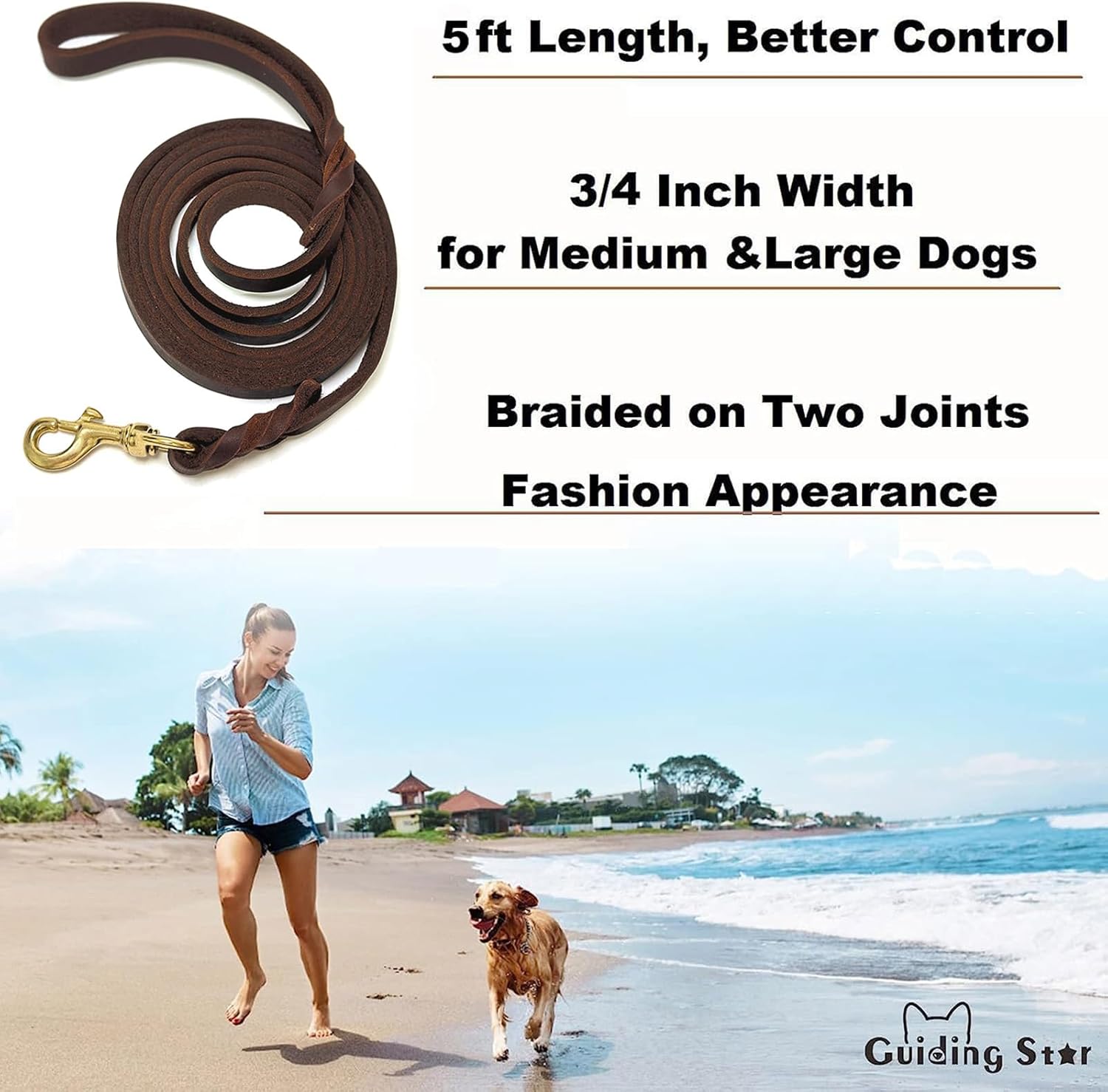 Guiding Star Correa de cuero marrón para perro de 5 pies, suave, duradera, hecha a mano, trenzada de cuero genuino, resistente, resistente,