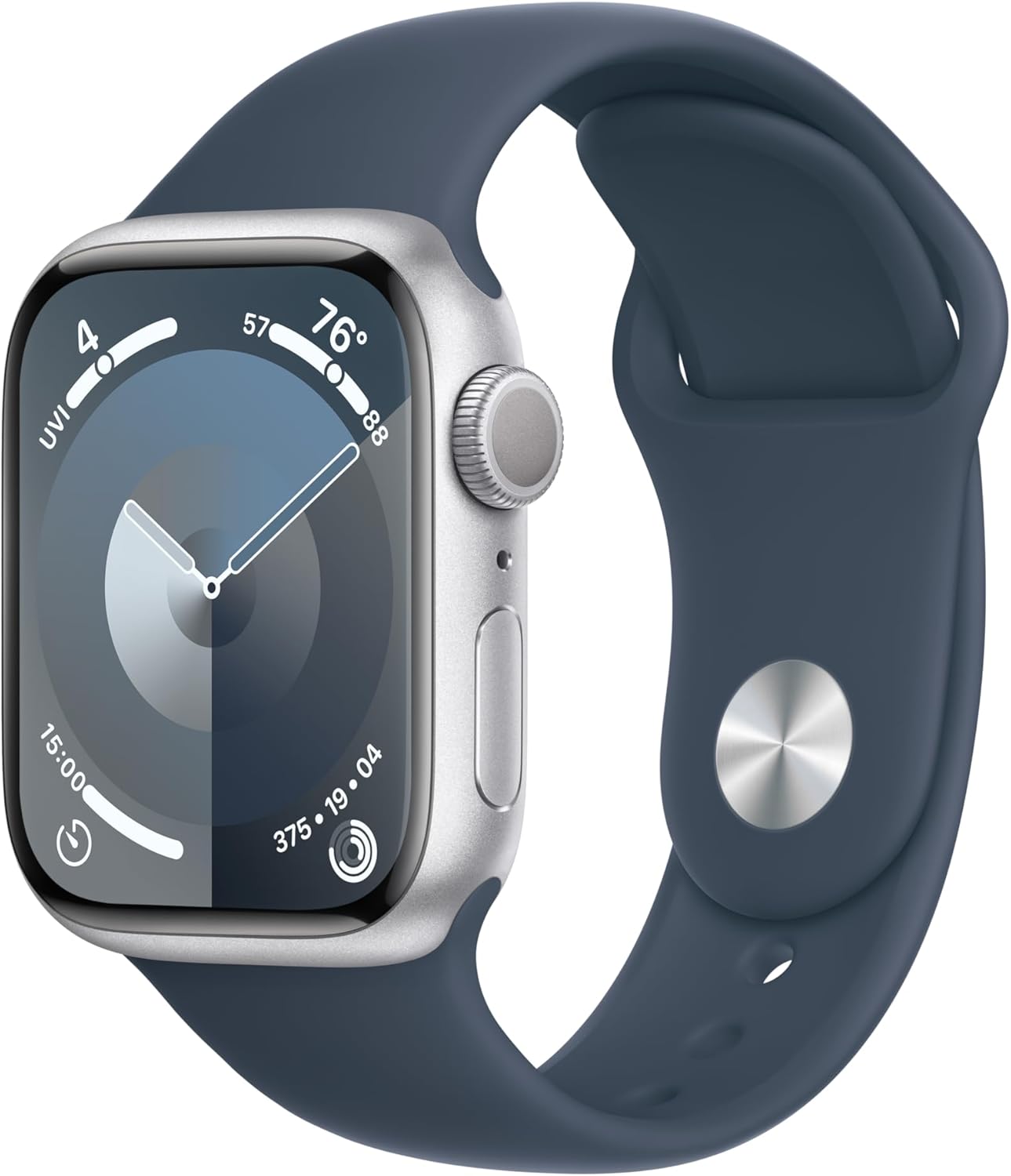 Apple Reloj inteligente de la serie 9 GPS de 1.614 in con caja de aluminio azul tormenta con correa deportiva plateada ML. rastreador de fitness,