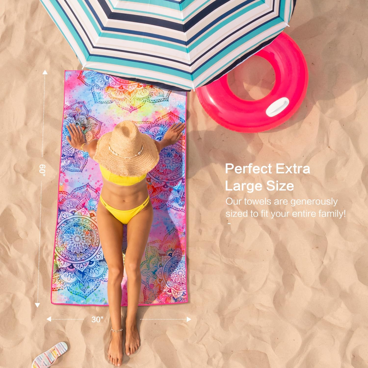 Lokigo Toalla de playa con diseño de mandala, de algodón floral de colores, toalla de baño suave y absorbente, toalla de baño para niños, niñas,