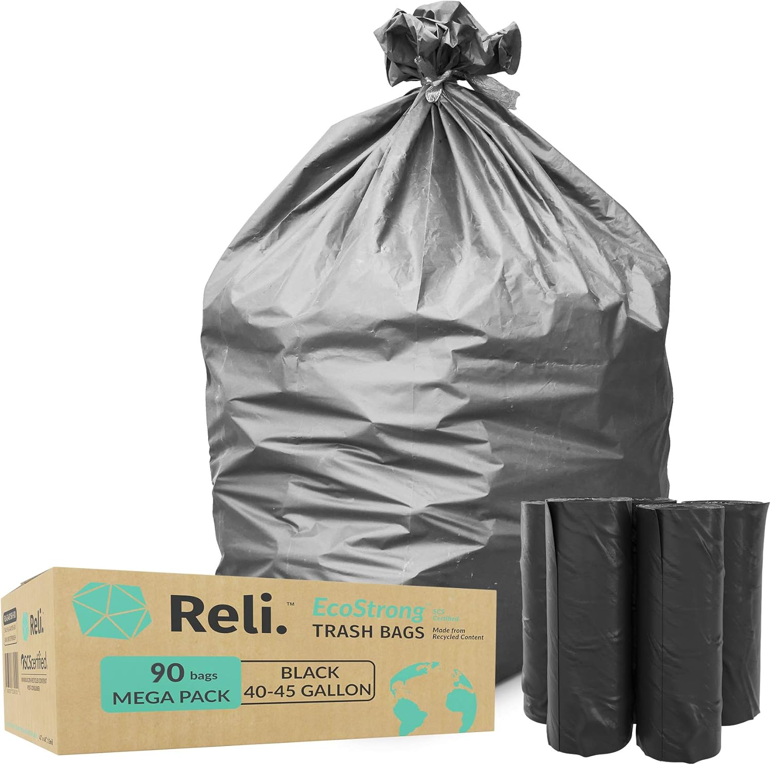 Reli. EcoStrong Bolsas de basura negras de 40 a 45 galones (90 unidades) reciclables y ecológicas, 40 galones, 44 galones, bolsas de basura negras