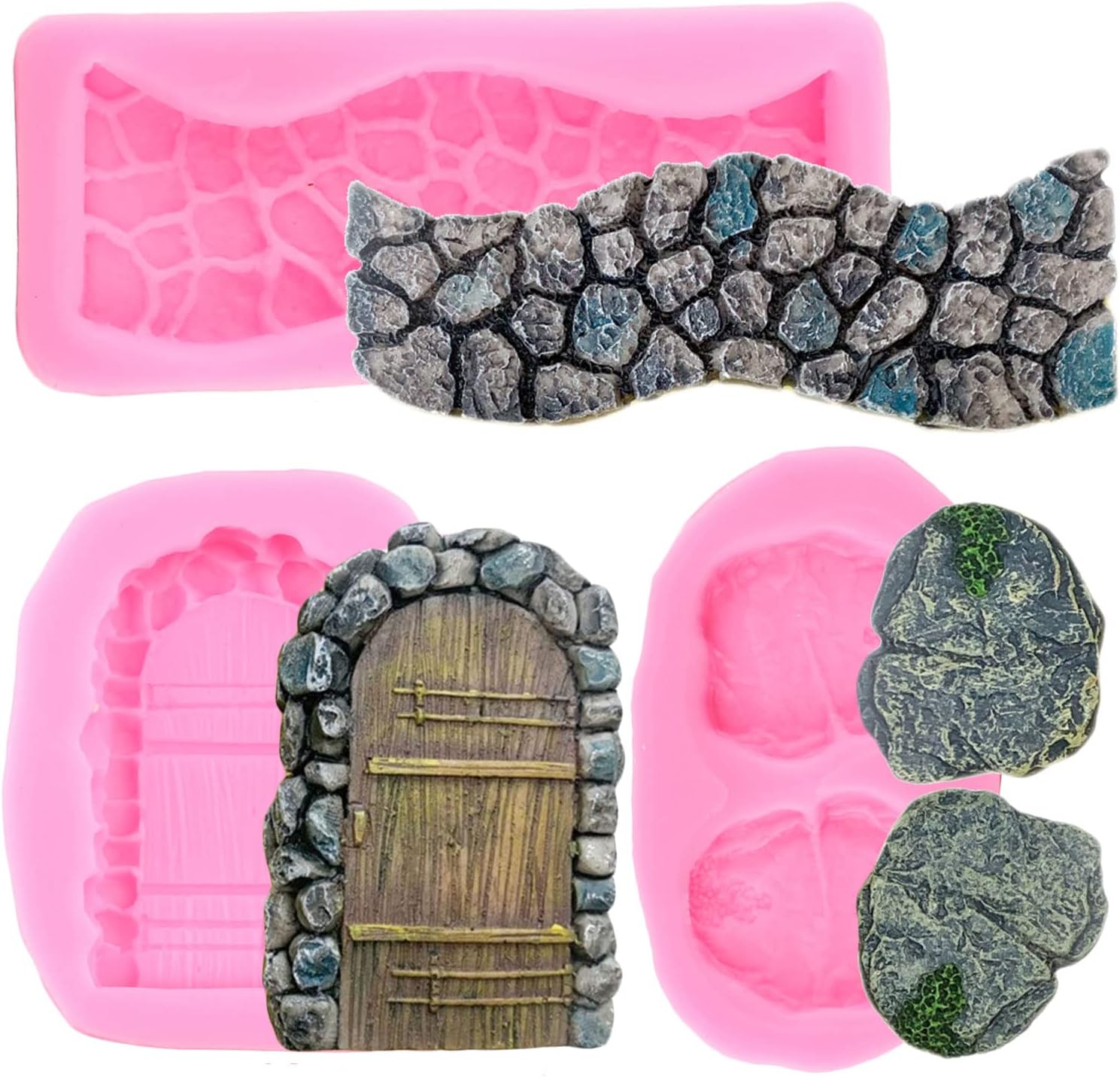 Mujiang Juego de 3 moldes de silicona con textura de piedra de hada, gnomo, jardín, piedra, camino de piedra, para manualidades, arcilla polimérica,