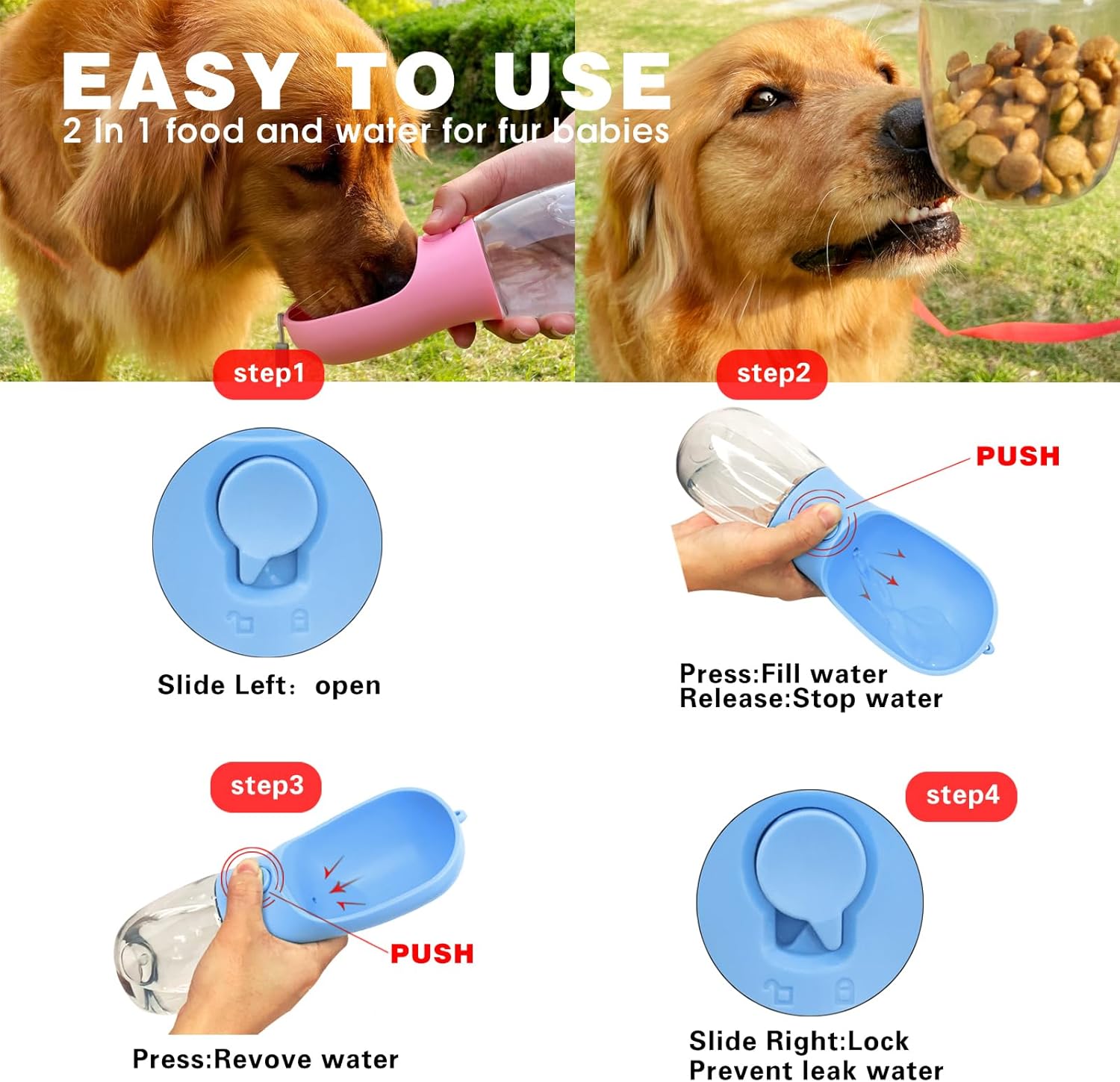 Botella de agua para perros con contenedor de alimentos, dispensador de agua portátil para perros para mascotas para caminar al aire libre,