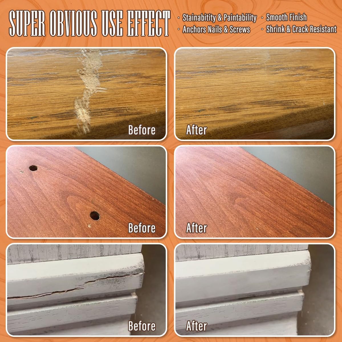 Relleno de madera multiusos, kit de reparación de madera (natural), masilla de relleno de madera de secado rápido, repara rápidamente agujeros,