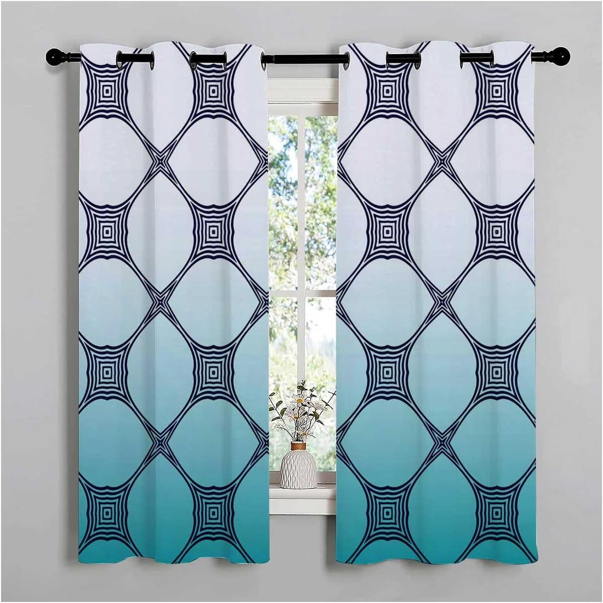 YANFENQI Cortinas para Habitacion Cortinas para Habitacion – Cortinas opacas con degradado de color blanco cian geométrico a cuadros para puerta