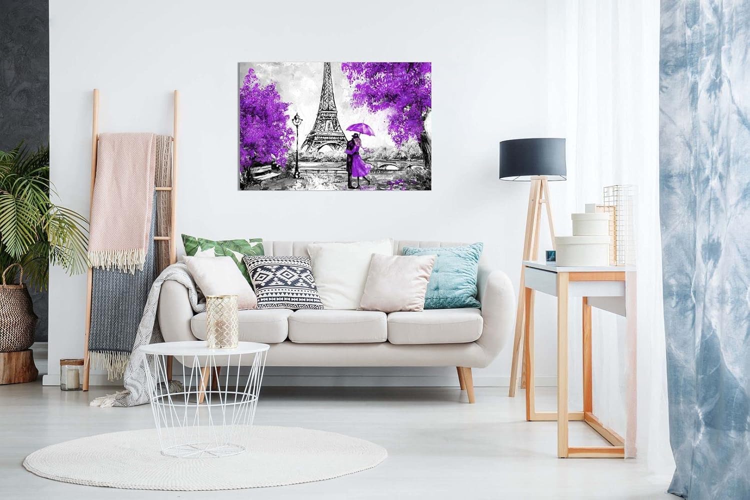 París pintura al óleo de la reproducción de la torre Eiffel paraguas púrpura lienzo pared arte impresión imagen decoración del hogar 31x20cm (12x8in)