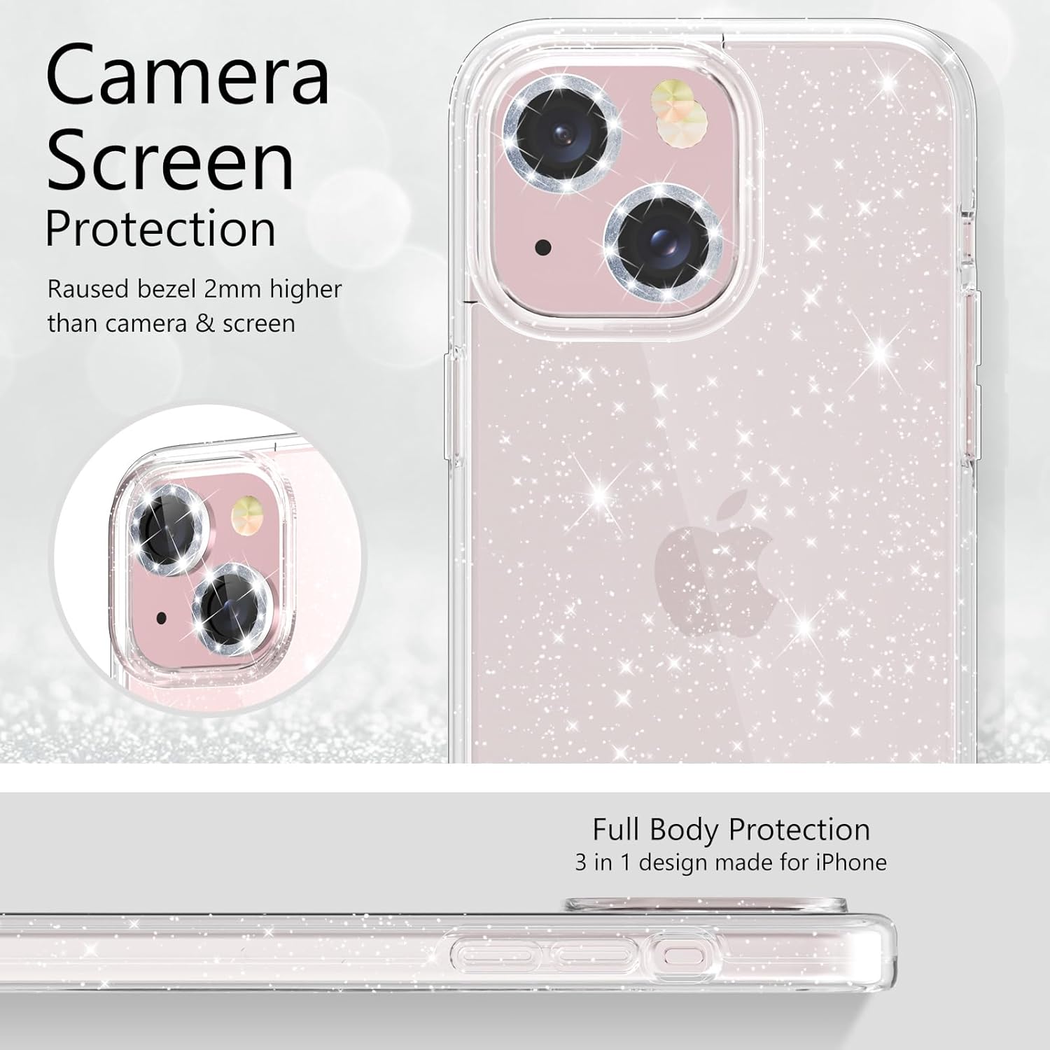 Jasmeas Funda con purpurina para iPhone 15 de 6.1 pulgadas, con 2 unidades protector de pantalla y 2 unidades protector de lente de cámara brillante