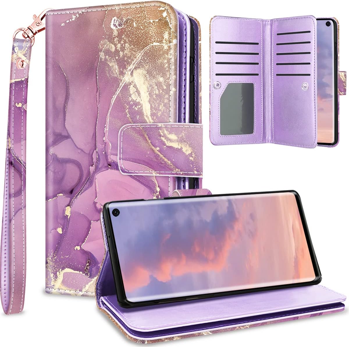 Fingic Funda para Samsung S10e, Galaxy S10e, funda tipo cartera con diseño de mármol dorado, 9 tarjetero, piel sintética, desmontable, correa de