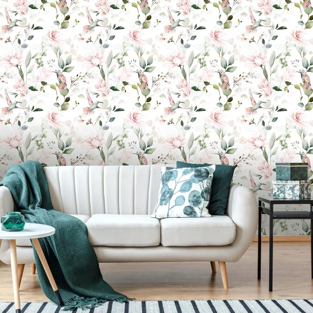 Meihodan Papel tapiz autoadhesivo vintage con peonía rosa, diseño de flores, pájaros, papel tapiz extraíble, para cubrir la pared, cajón de estante