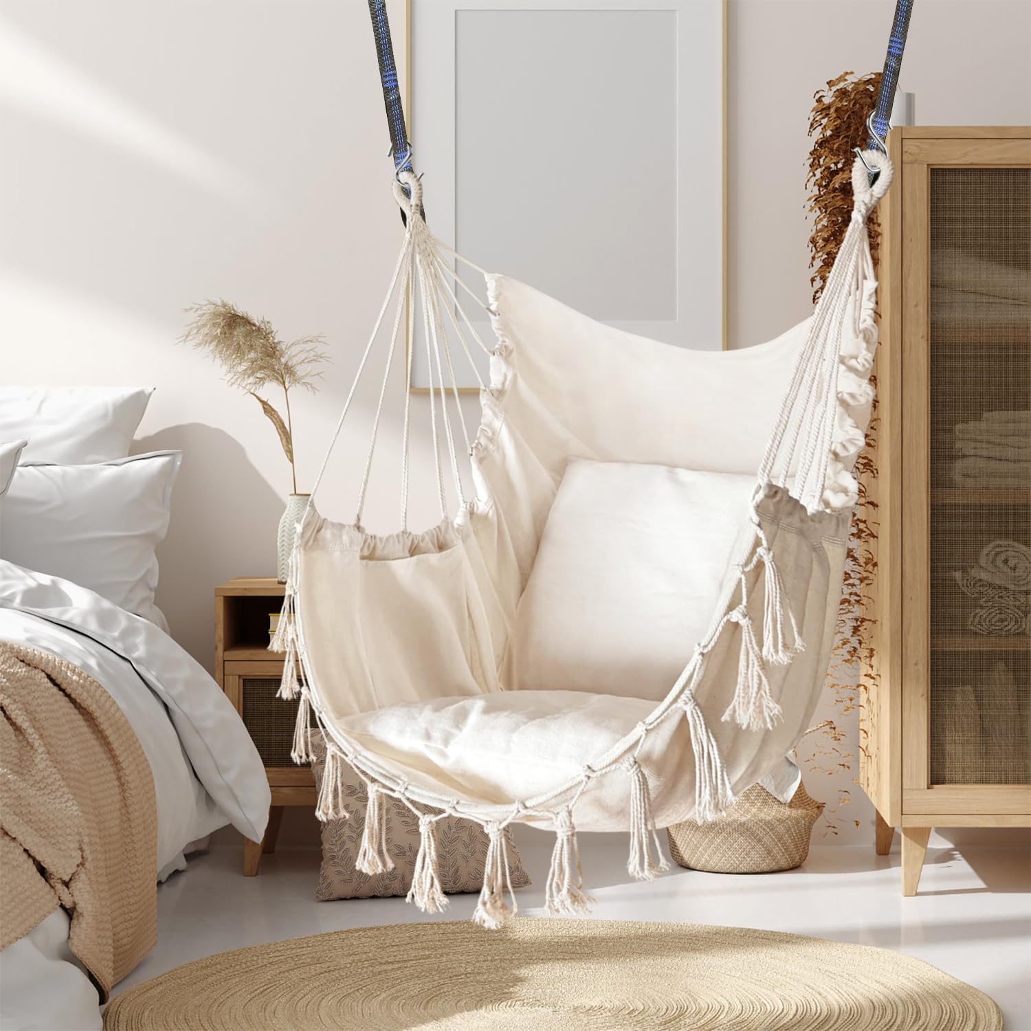 Silla hamaca colgante de cuerda con 2 cojines y kits de herramientas, resistente y duradero, suave algodón tejido a mano, silla colgante de macramé