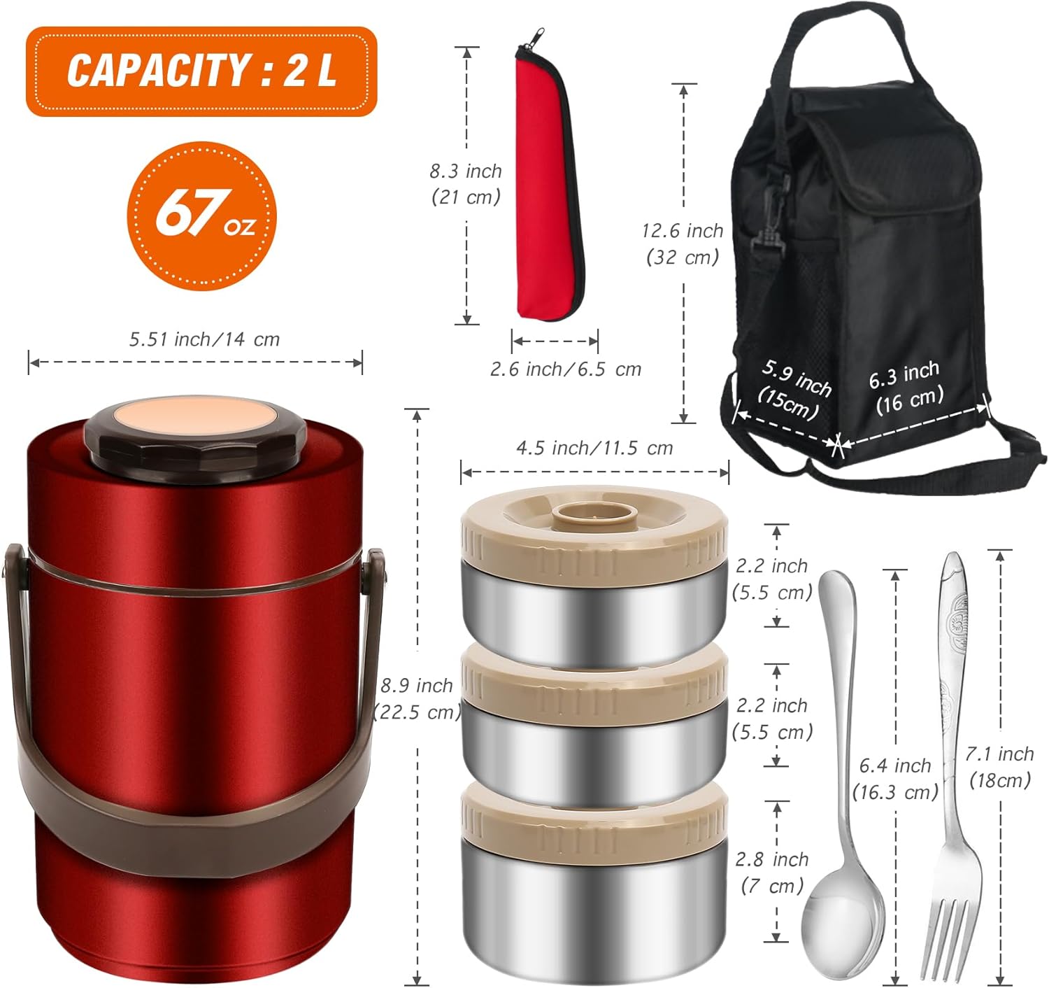 Termo para comida caliente, tarro apilable de 3 capas de 67 onzas para adultos, contenedor de sopa sellado de boca ancha con bolsa de almuerzo y