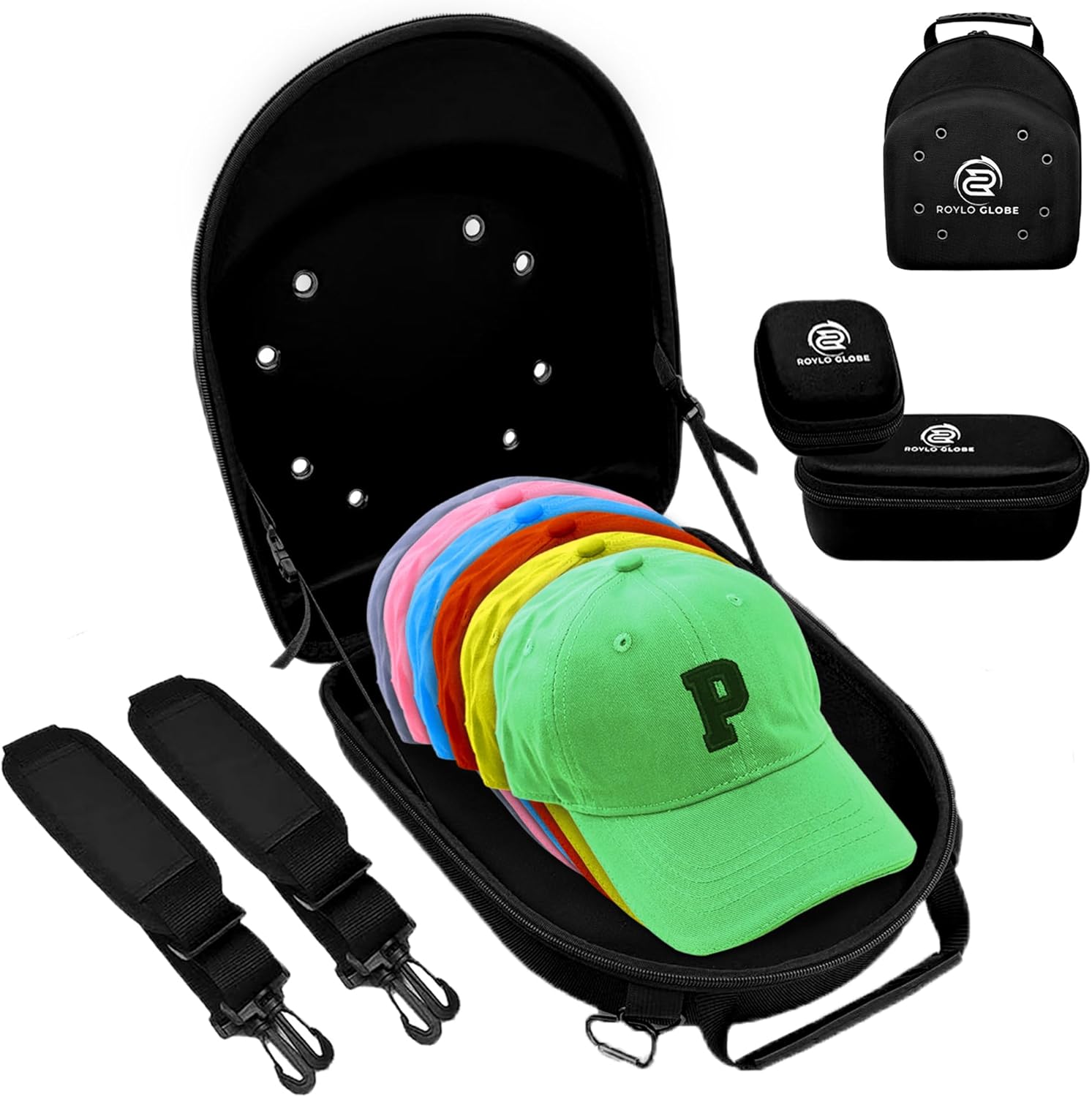 ROYLO GLOBE Estuche de viaje para gorras de BaseBall – Soporte de sombrero para viajar con auriculares y funda de gafas de sol – Caja de