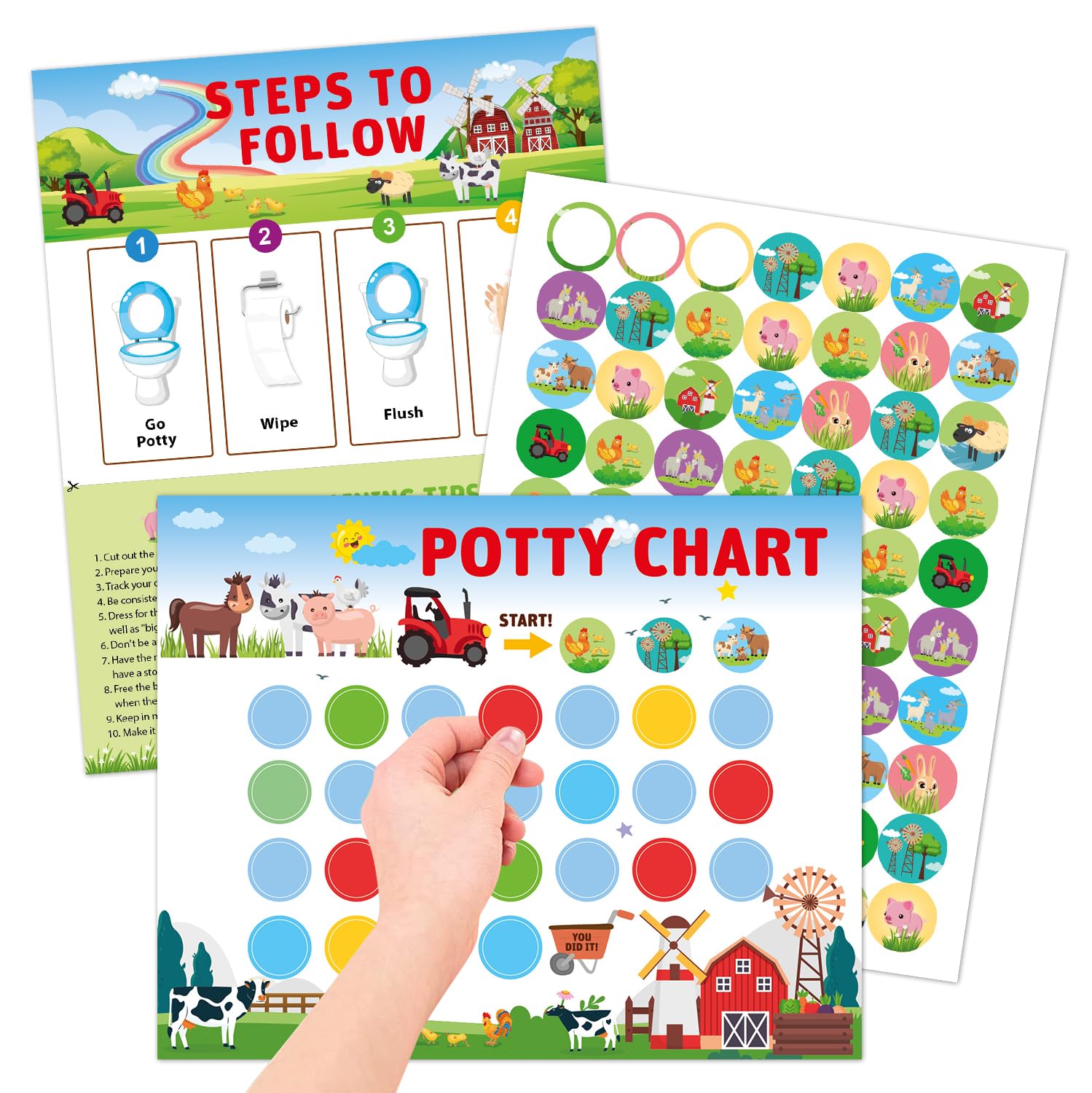 Tabla de entrenamiento para ir al baño para niños pequeños, tabla interactiva de calcomanías de granja con recompensas para niños, kit de