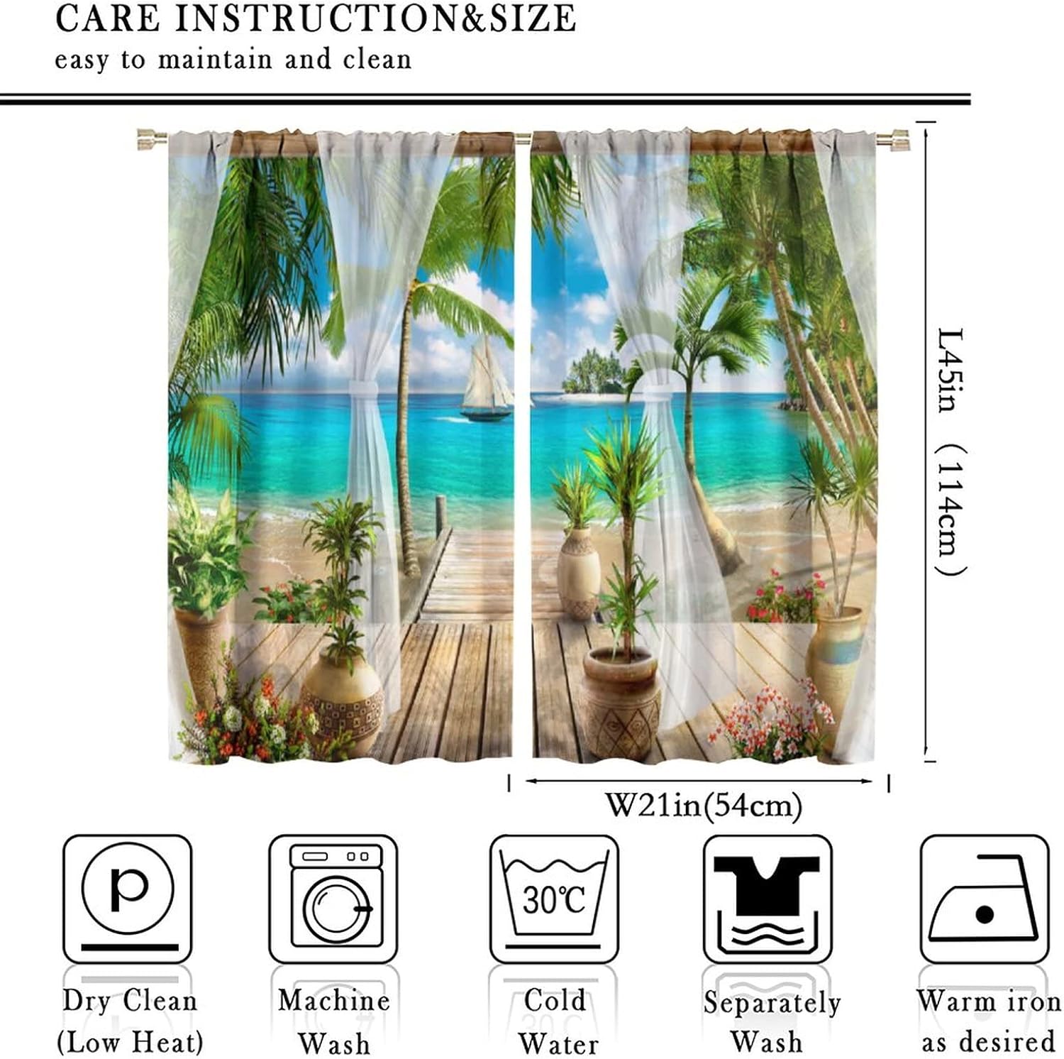 Cortinas de paisaje, ventana tropical con vista al mar, océano, playa, barco, cortinas con estampado de palmeras para dormitorio, sala de estar,
