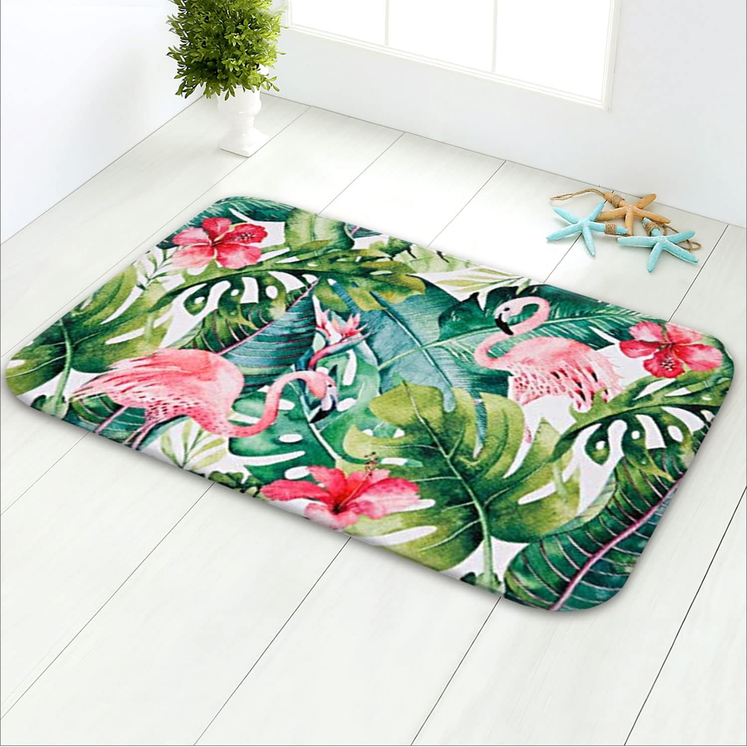 LIVILAN Alfombra de baño verde, alfombra de baño de hojas, alfombra de baño tropical, alfombra de baño tropical, alfombra de baño de flamenco, 16 x
