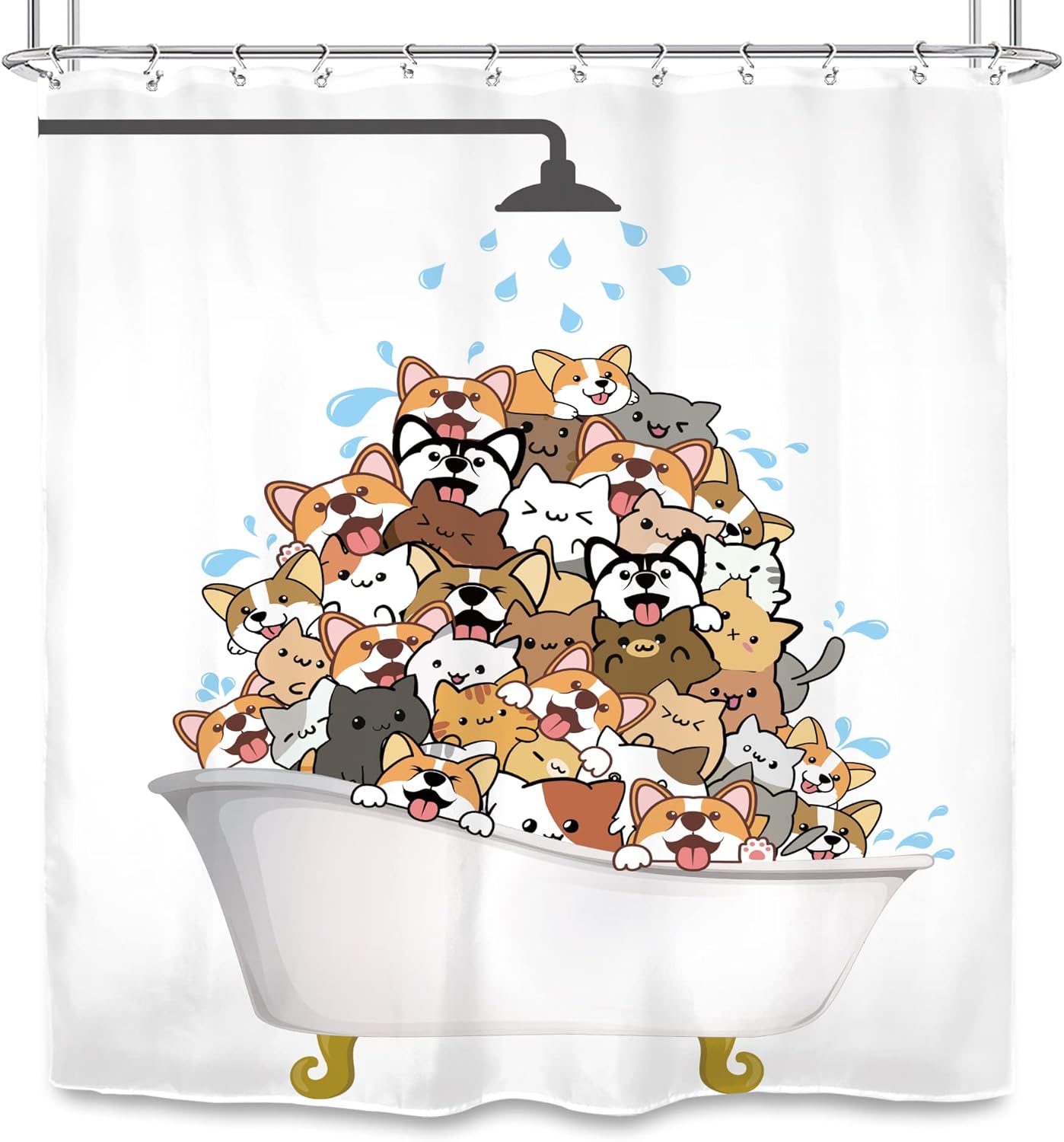 SVBright Cortina de ducha de gatos y perros, diseño de Corgi de dibujos animados para niños, 72 pulgadas de ancho x 72 pulgadas de largo, divertidas
